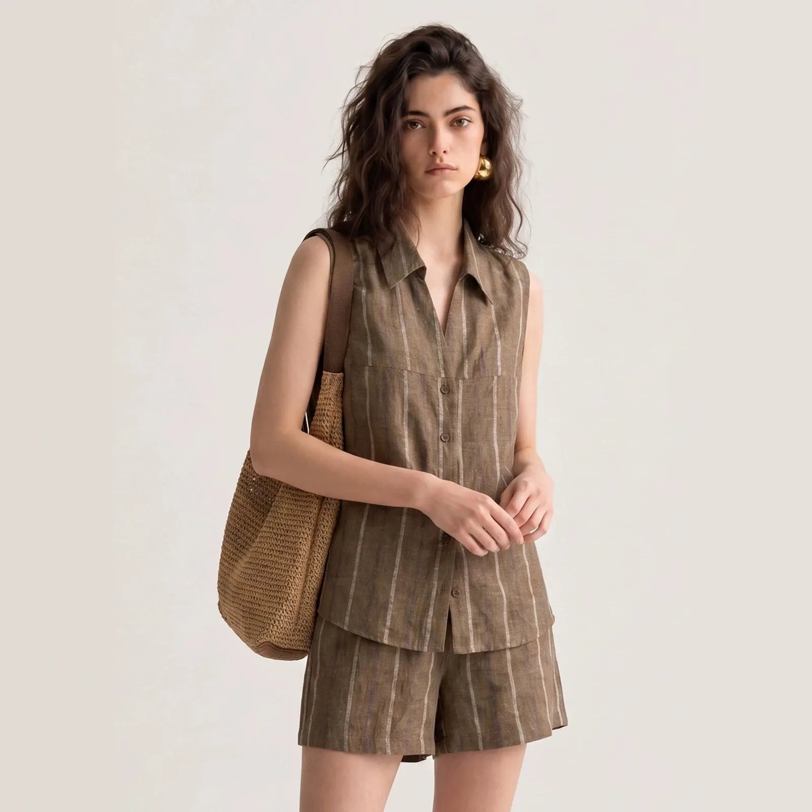 Women's Striped Linen Sleeveless Shirt and Shorts Set Casual Summer