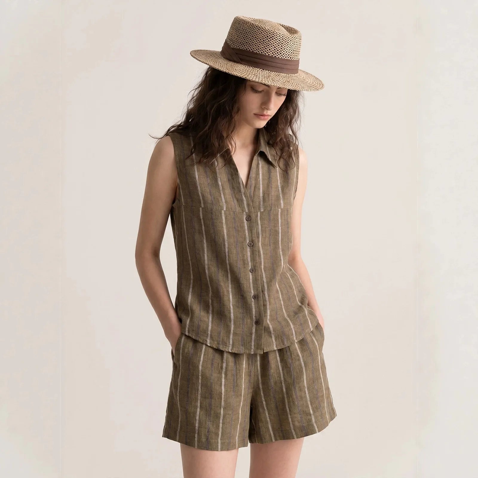 Women's Striped Linen Sleeveless Shirt and Shorts Set Casual Summer