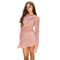 Women's Striped Ruched Long Sleeve Mesh Beach Dress