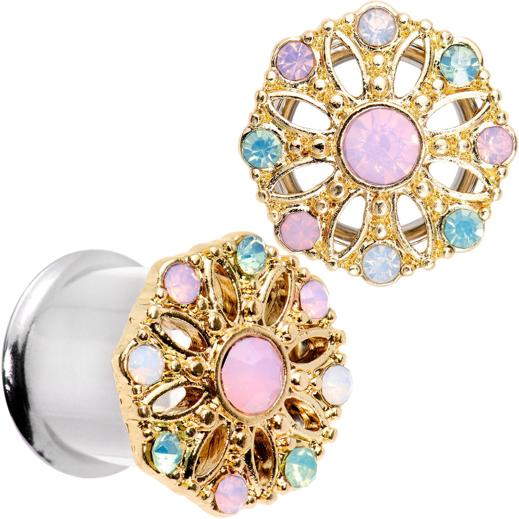 BodyCandy Pink Green White Gem Glam Flower Double Flare Tunnel Plug Set — in-use photo