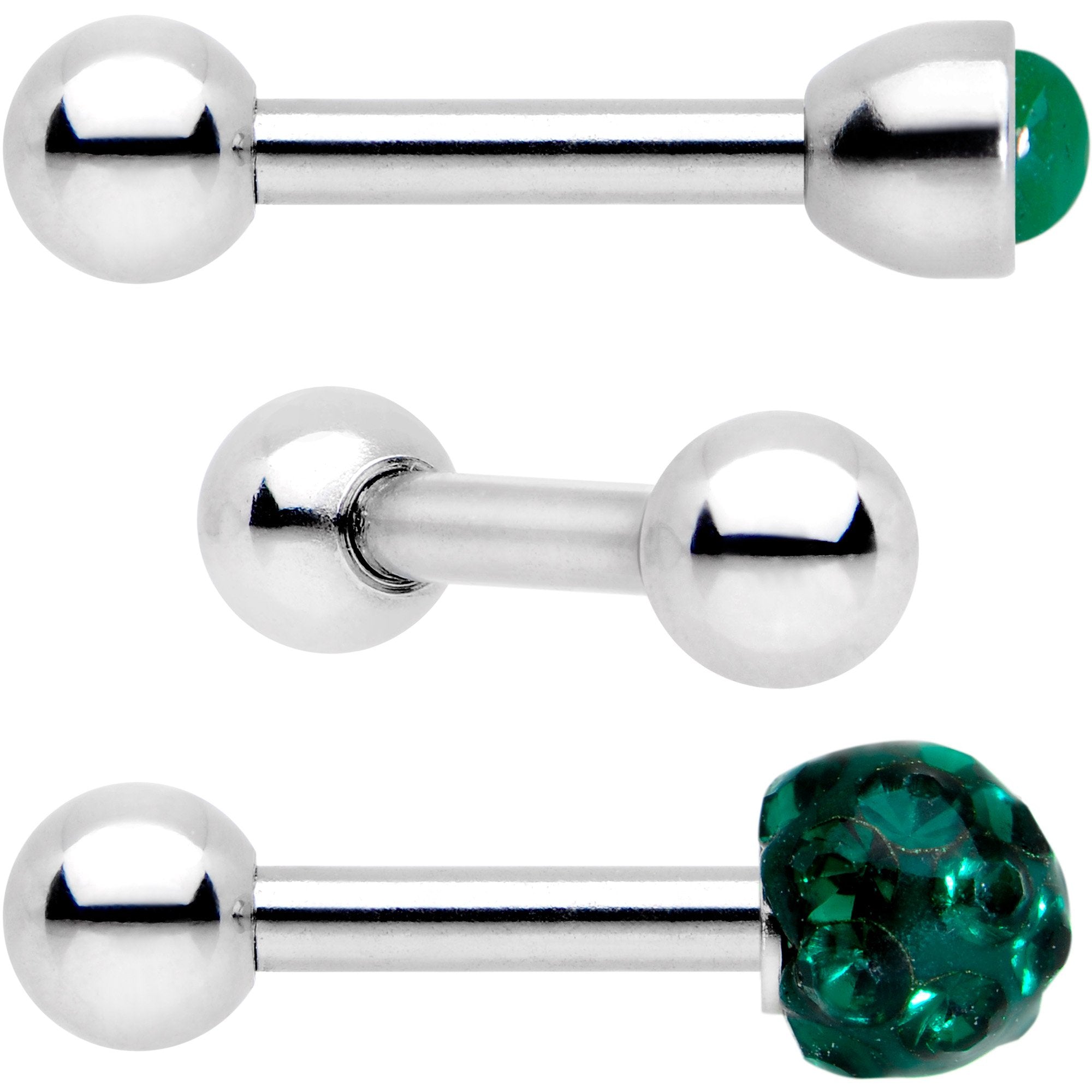 BodyCandy 16G 1/4 Green Faux Opal Inlay Cartilage Tragus Earring 3 Pack Set — detail and construction