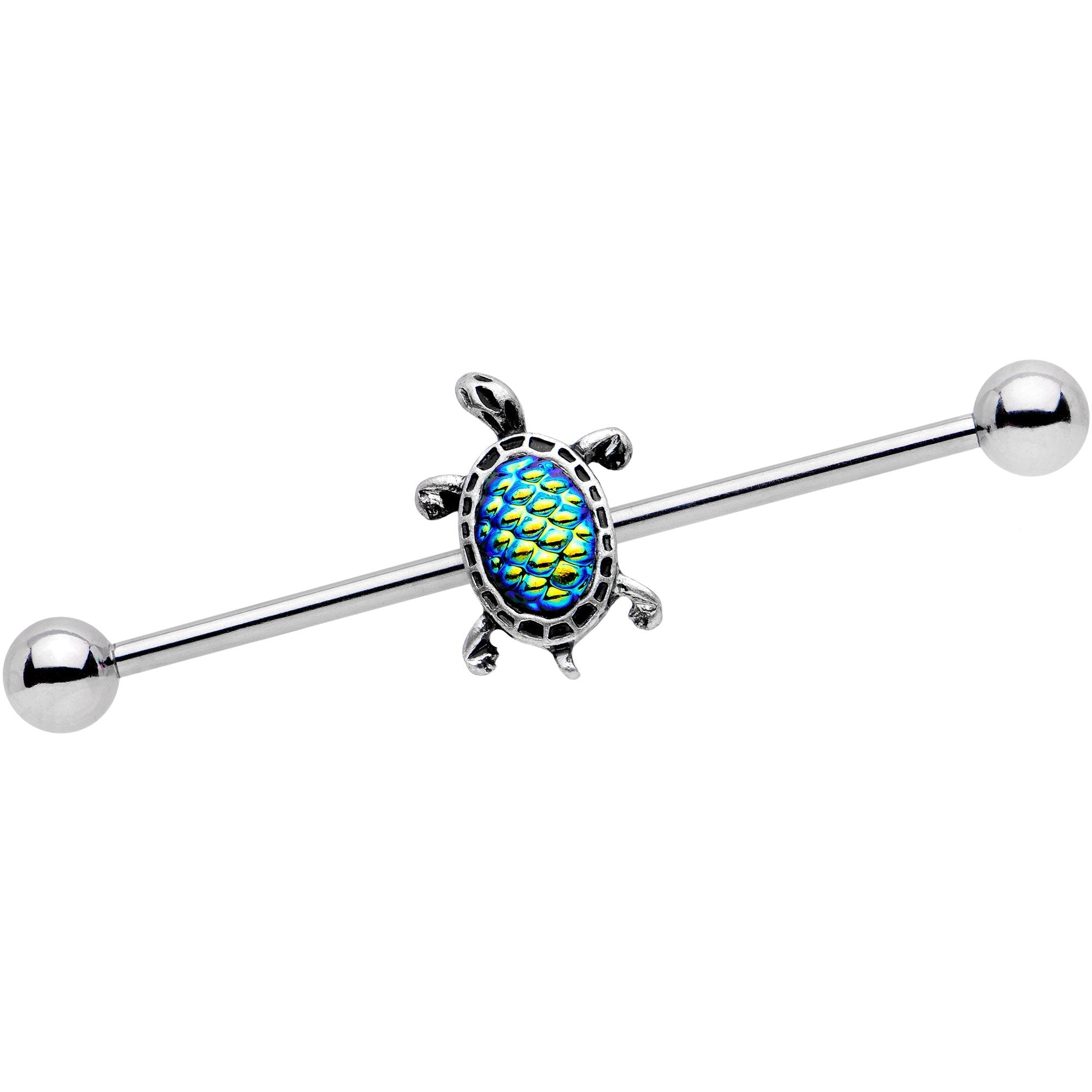 BodyCandy Green Mermaid Scale Swimming Turtle Industrial Barbell 38mm — main product shot