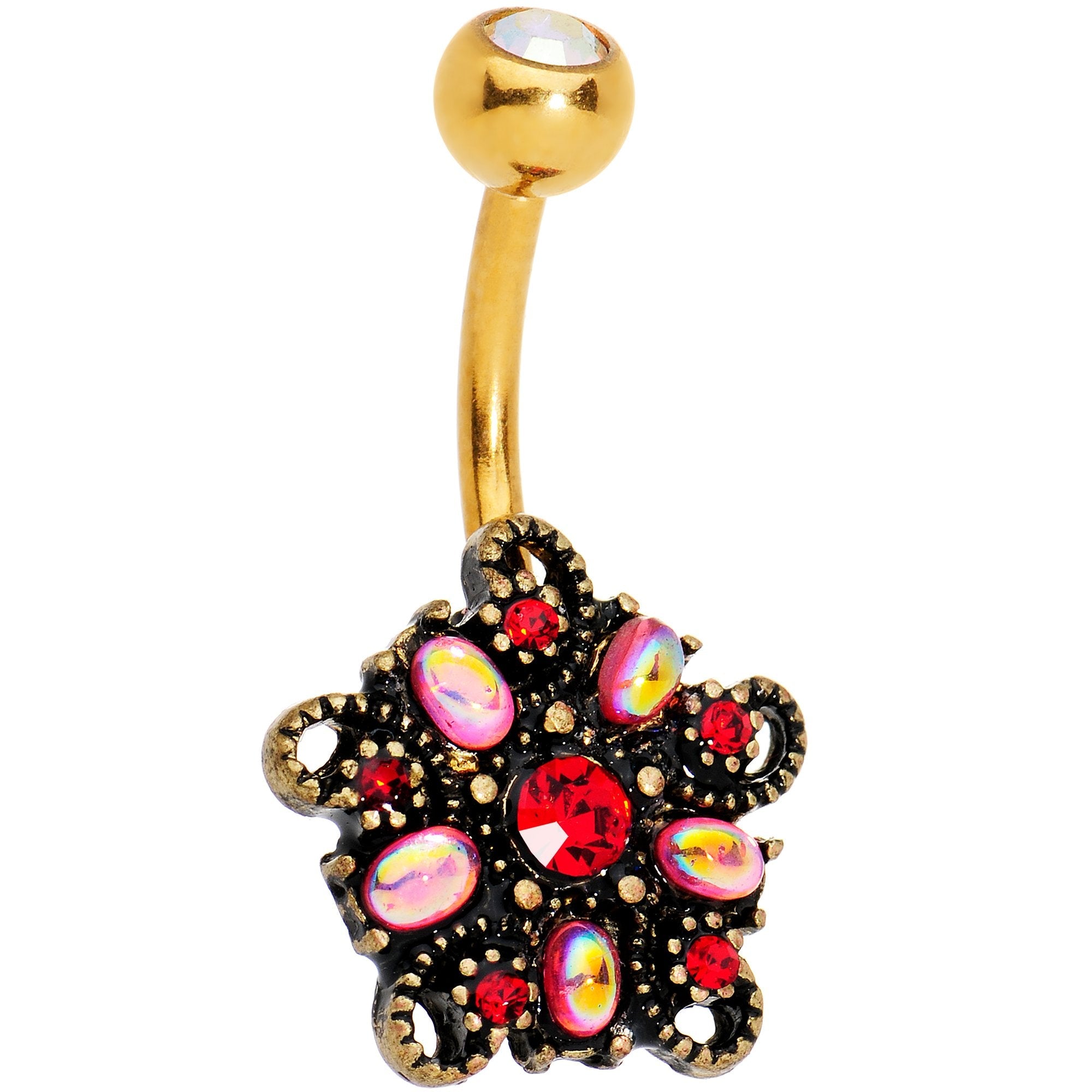 BodyCandy Red White Gem Gold Plated Holiday Brooch Belly Ring — main product shot