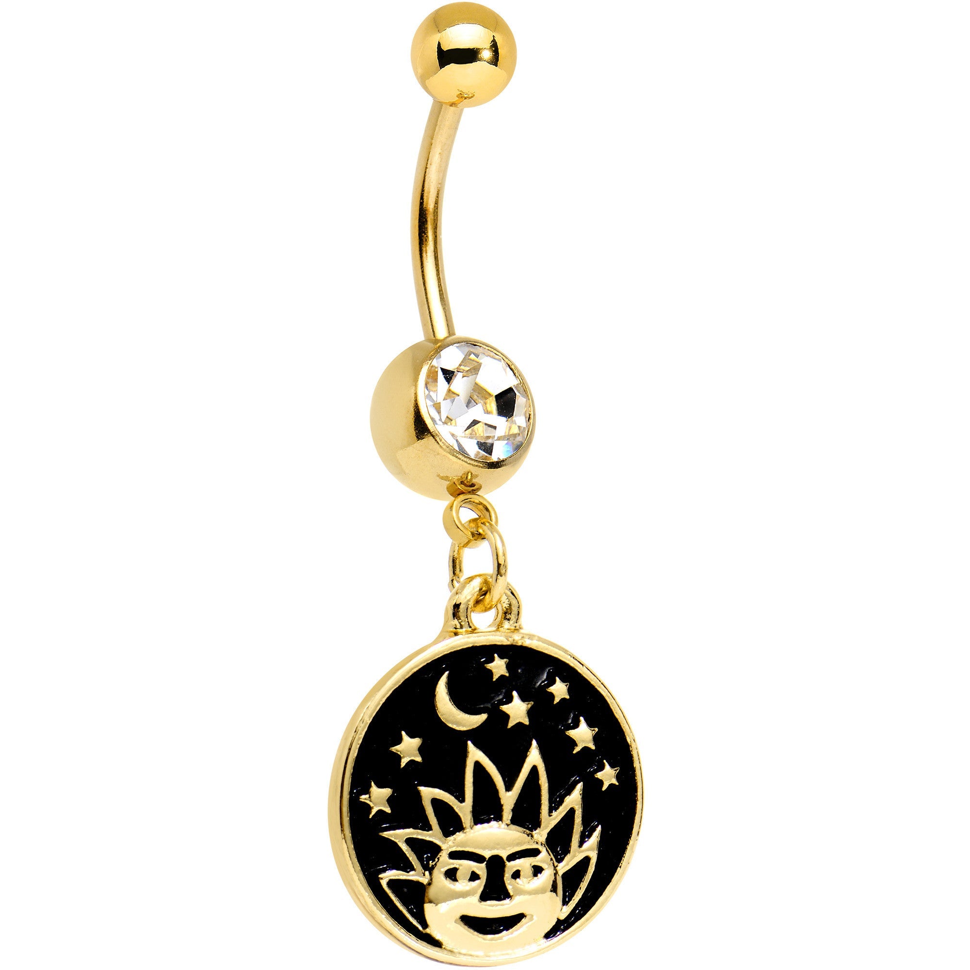 BodyCandy Clear CZ Gem Gold PVD Sun and Moon Disc Dangle Belly Ring — main product shot