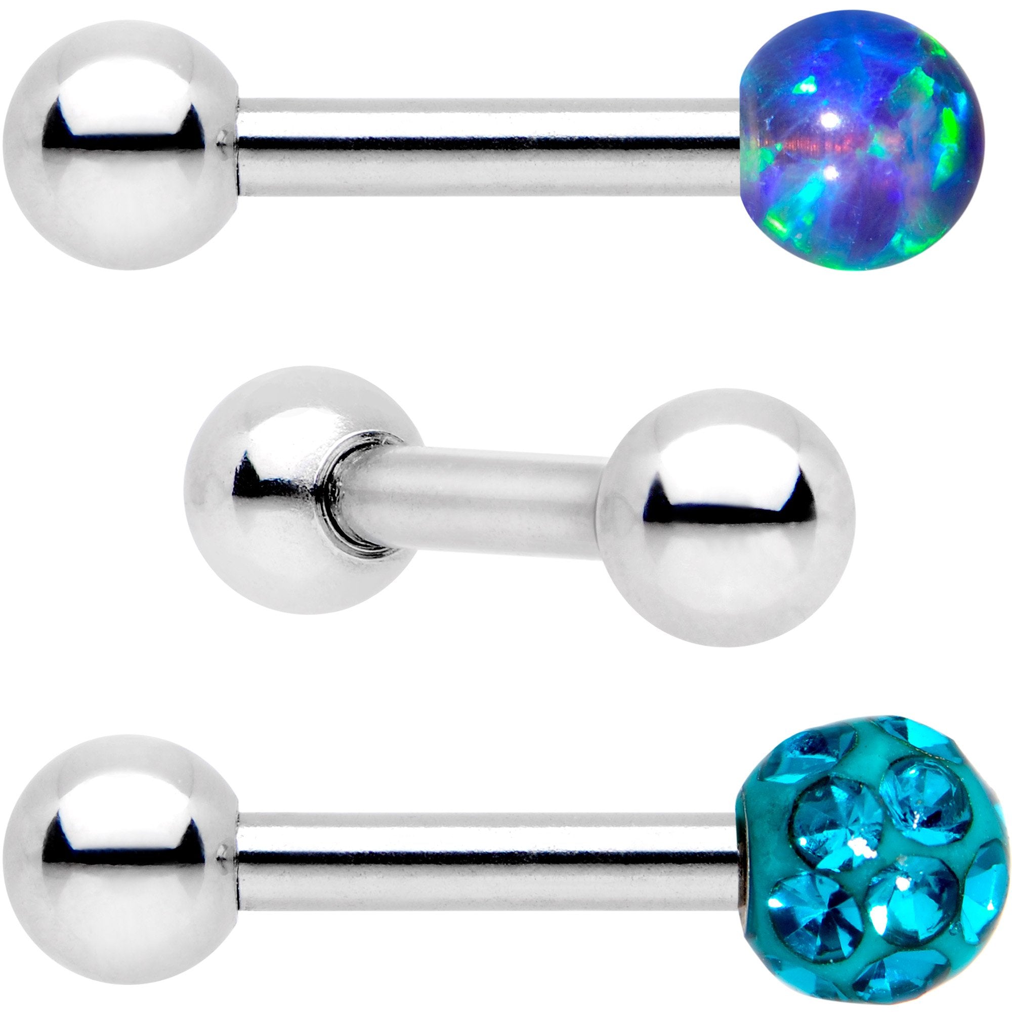 BodyCandy 16G 1/4 Teal Faux Opal Ball Cartilage Tragus Earring 3 Pack Set — detail and construction