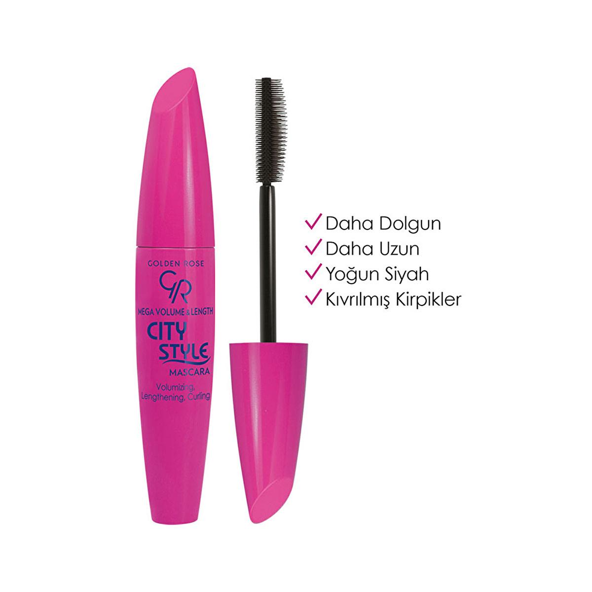Golden Rose Mega Volume & Length City Style Mascara: Intense Black, Dramatic Lashes, Dual Brush for Ultimate Curl & Definition