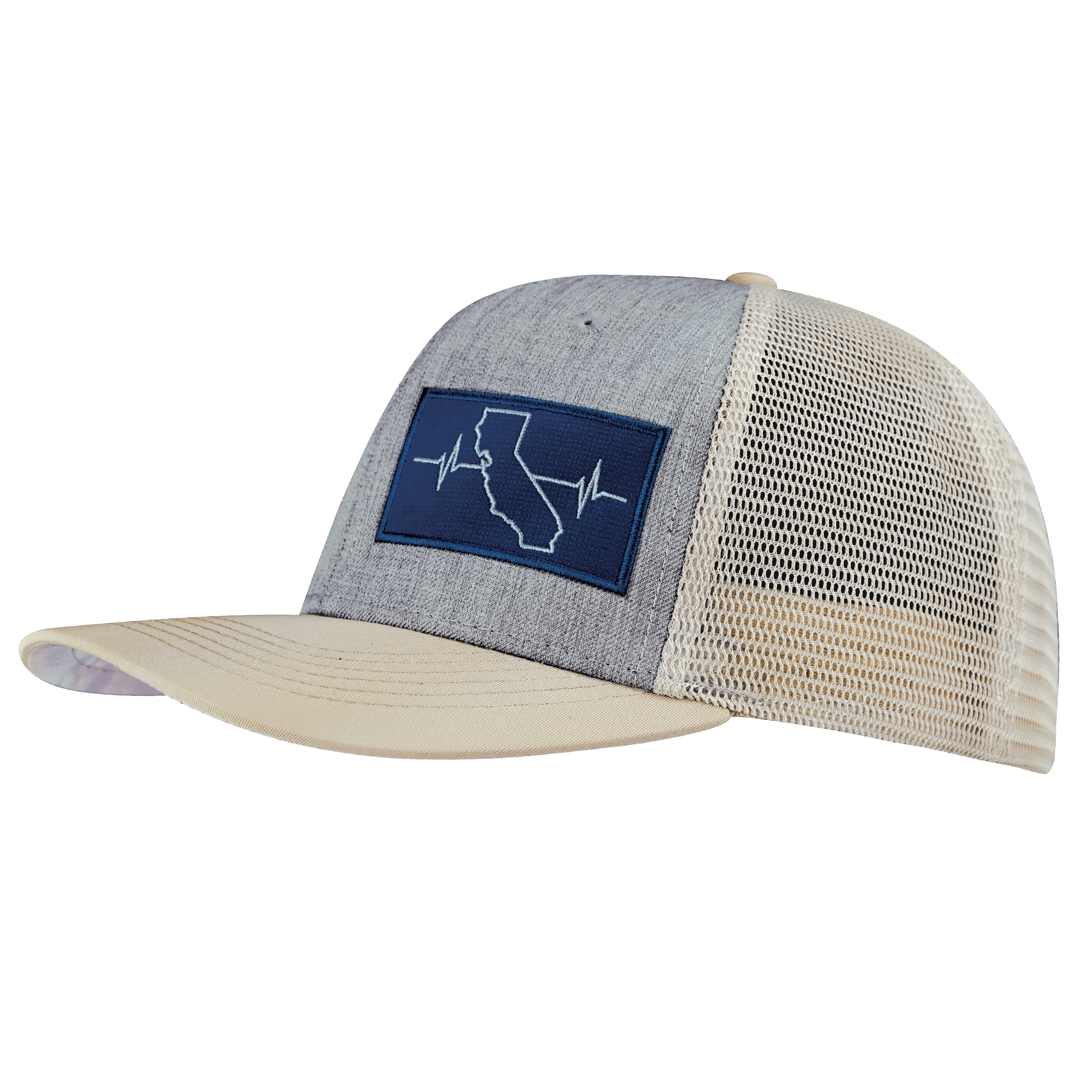 The Heartbeat Brand California Hat - Baseball Hat Fit - Cream / Gray - Trucker Mesh — side view