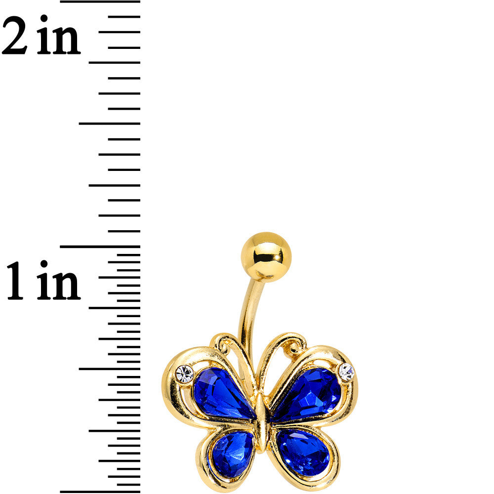 BodyCandy Blue Gem Gold PVD Burst of Color Butterfly Belly Ring — detail close-up