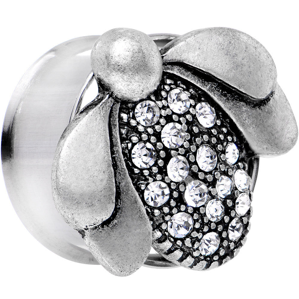 BodyCandy 20mm Clear Gem Steel Allow Me Ladybug Double Flare Tunnel Plug Set — detail close-up