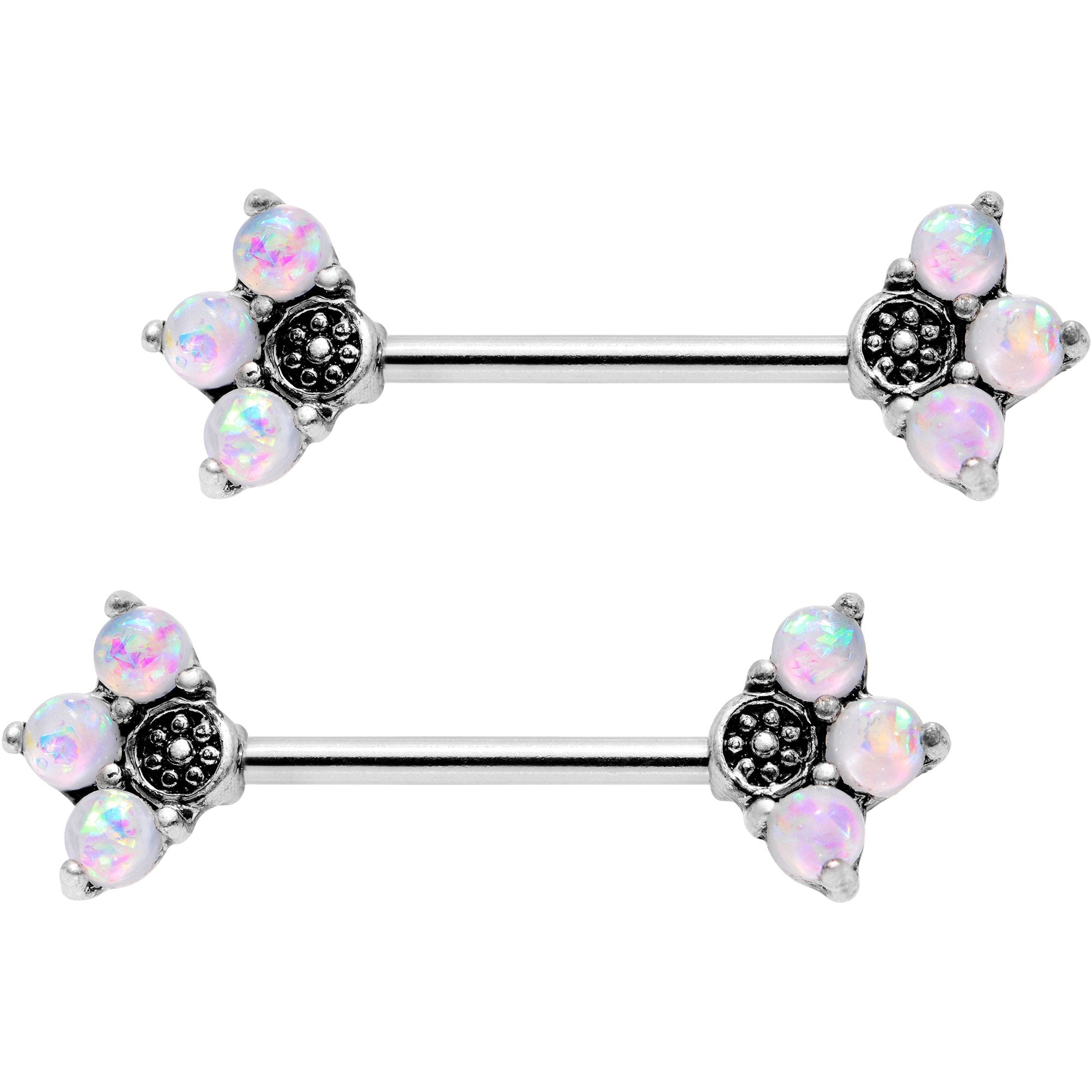 BodyCandy 9/16 White Faux Opal Three Petal Flower Barbell Nipple Ring Set — main product shot
