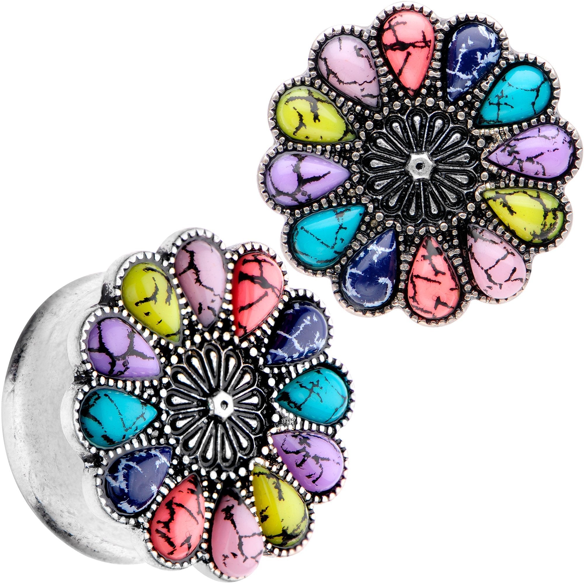 BodyCandy Southwestern Pinwheel Flower Double Flare Plug Set Set 2G to 22mm — side view
