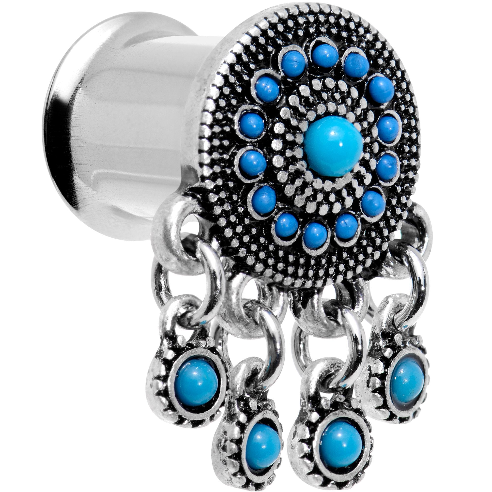 BodyCandy Southwest Blue Drum Dreamcatcher Dangle Double Flare Plug Set 6mm to 25mm — detail close-up