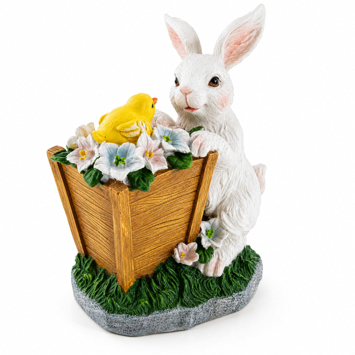 Wooden-Style Easter Bunny and Chick Figurine - 7" Spring Planter Decor