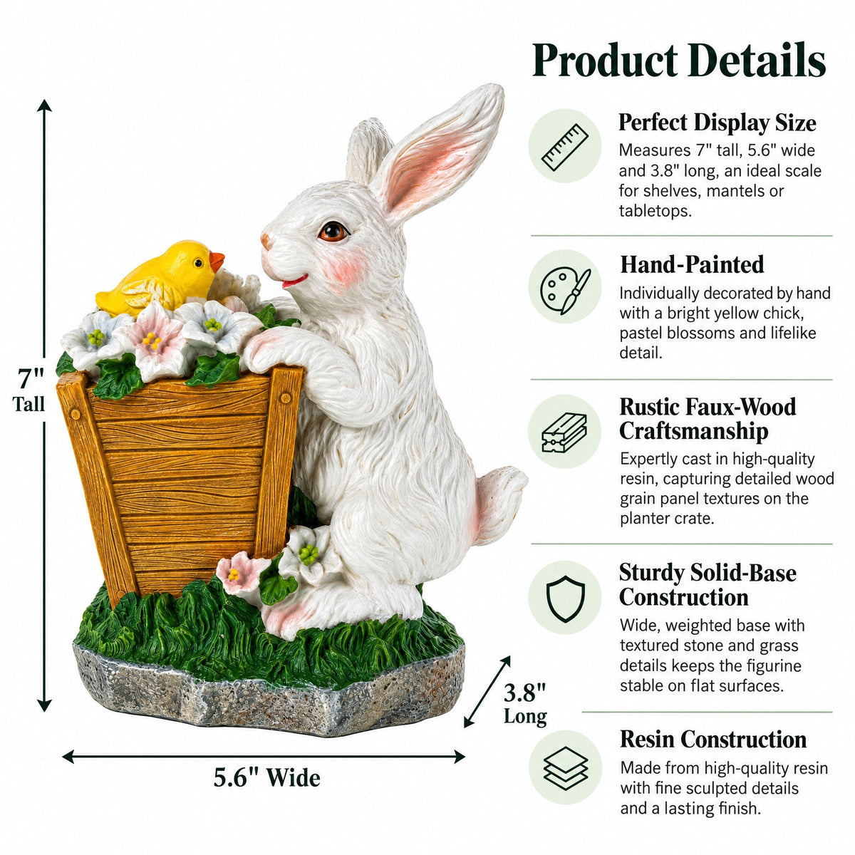 Wooden-Style Easter Bunny and Chick Figurine - 7" Spring Planter Decor