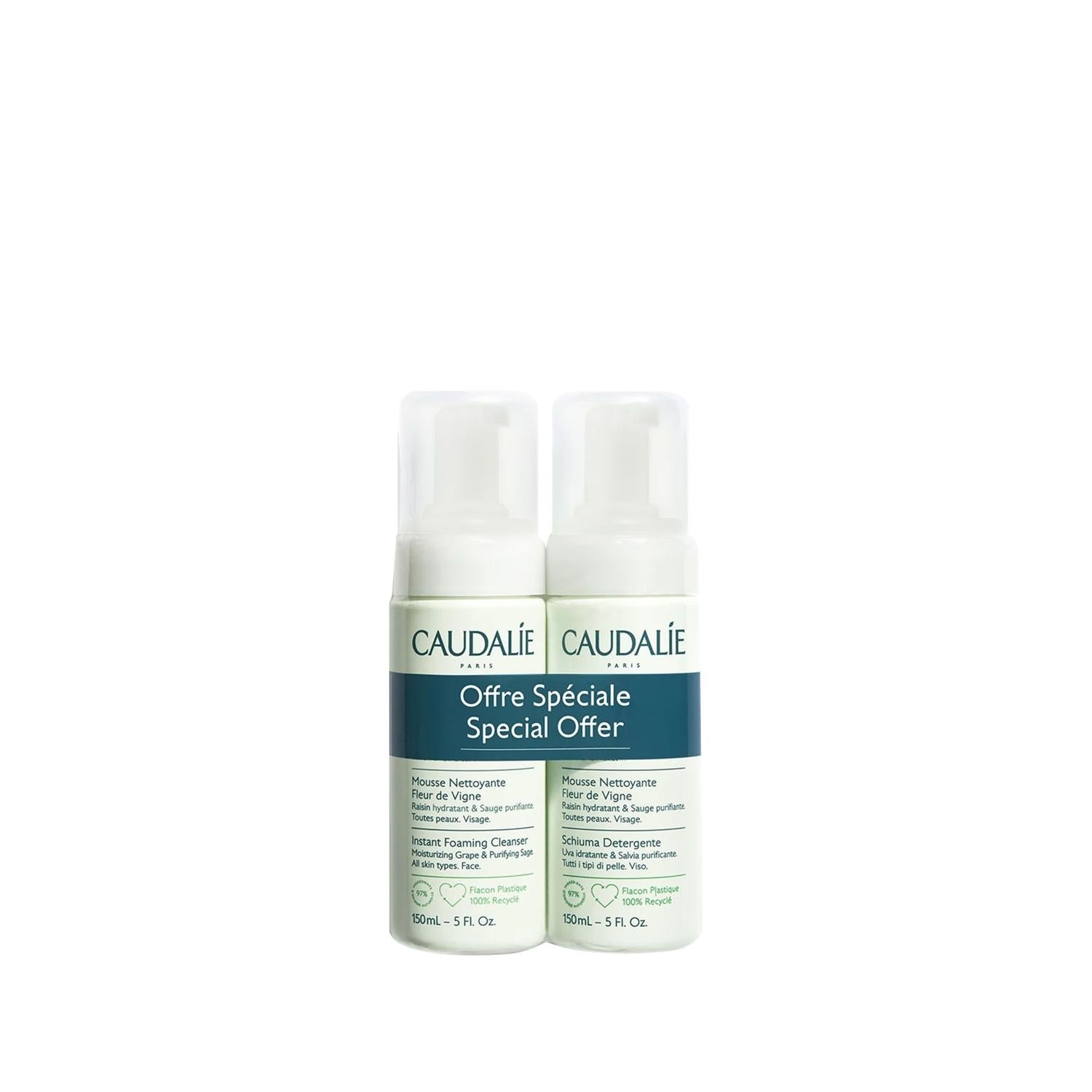 Caudalie Vinoclean Gentle Foaming Cleanser: 2x150ml - Natural Face Wash for Sensitive Skin - Experience Gentle & Effective Cleansing.