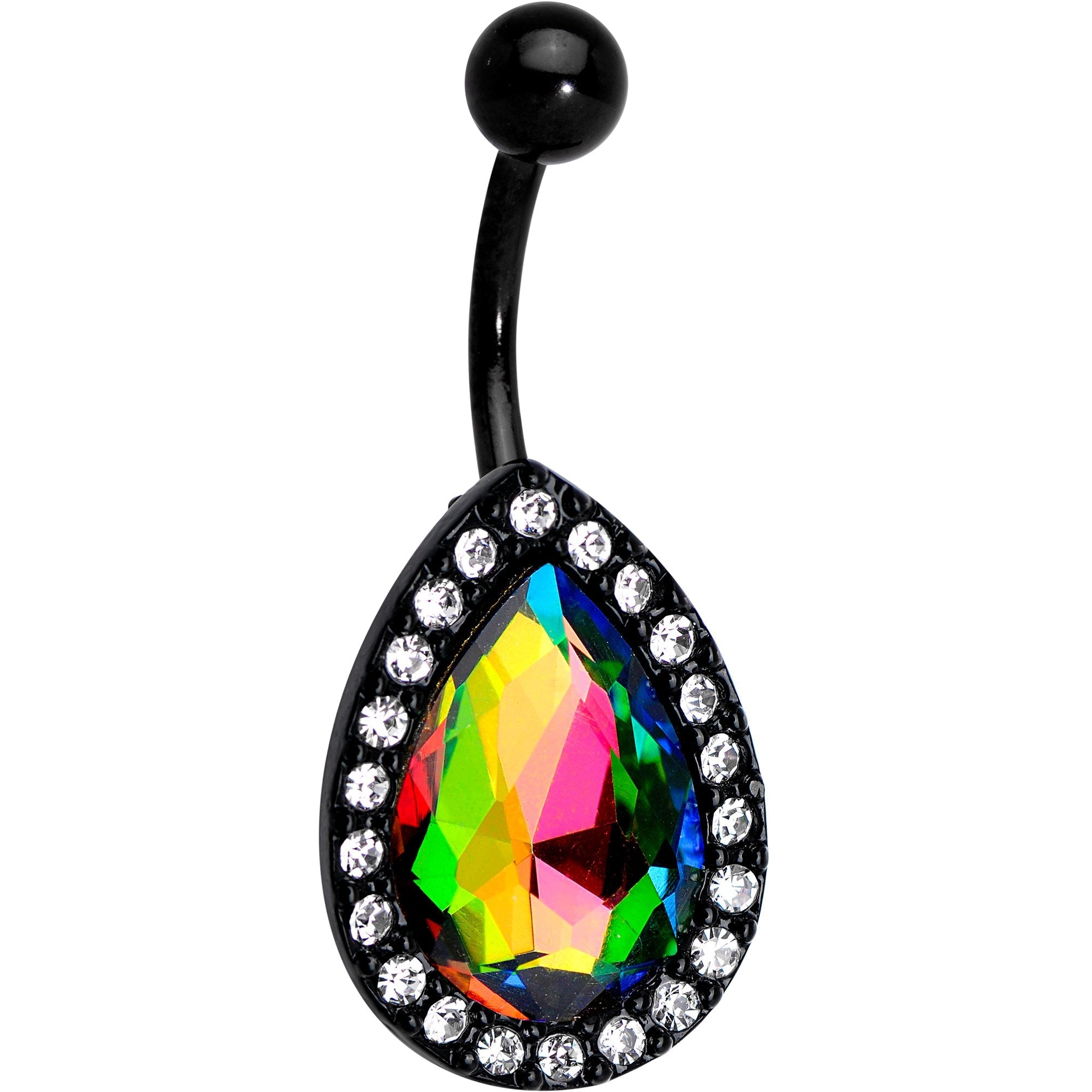 BodyCandy Clear Aurora Gem Black Anodized Teardrop Mirror Belly Ring — detail and construction