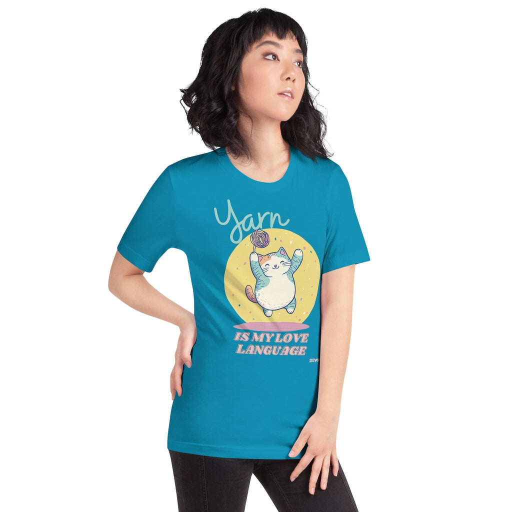 Darn Good Yarn Darn Good Yarn “Yarn is My Love Language” T-Shirt — flat-lay composition