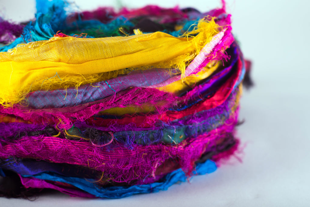 Darn Good Yarn "Nicole's Favorite Ribbon" Recycled Sari Silk "Tibet Jewels"-  Perfect for Crafting, Gift Wrap & More — construction detail