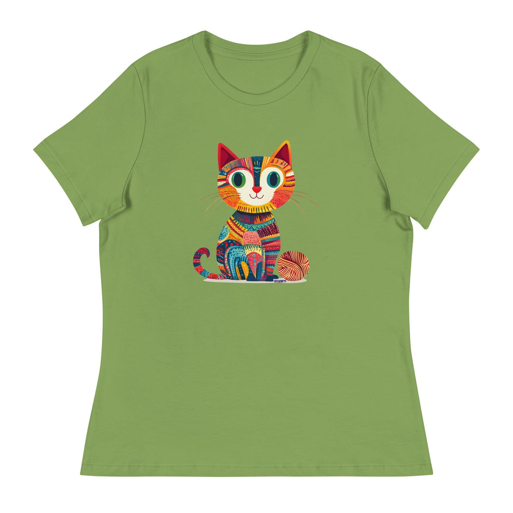 Darn Good Yarn “Yarn Whiskers” Women’s Relaxed Fit T-Shirt – Designed by Nicole Snow — Darn Good Yarn branding close-up