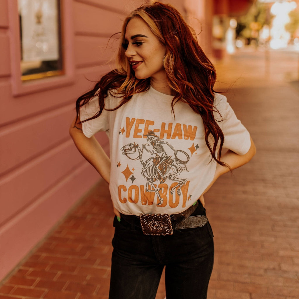 Wild Junkie Yee-Haw Skeleton Cowboy Graphic Tee — construction detail