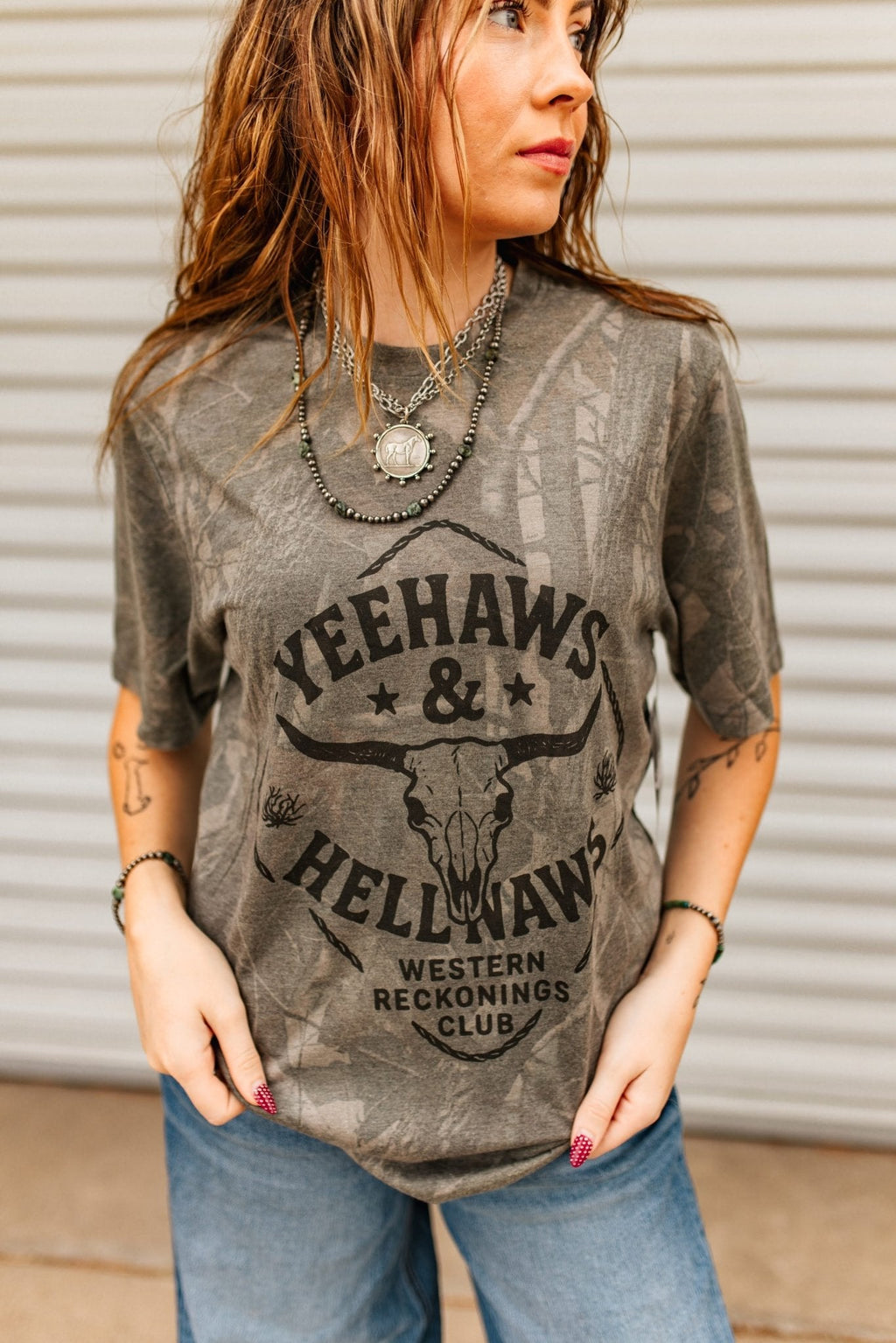 Wild Junkie Yeehaws And Hellnaws RealTree Camo Graphic Tee — Wild Junkie branding close-up