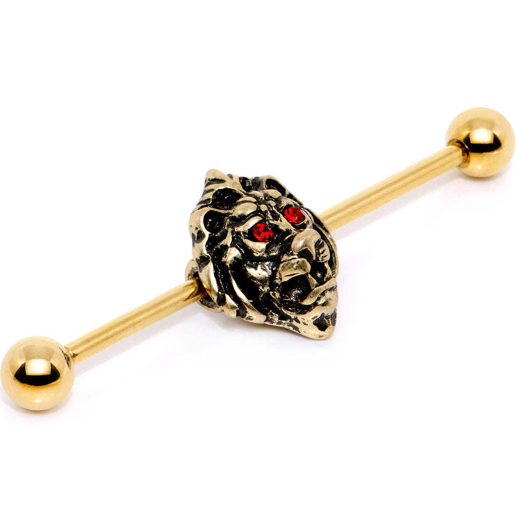 BodyCandy 14G Red Gem Gold PVD Ferocious Lion Industrial Barbell 38mm — Red detail