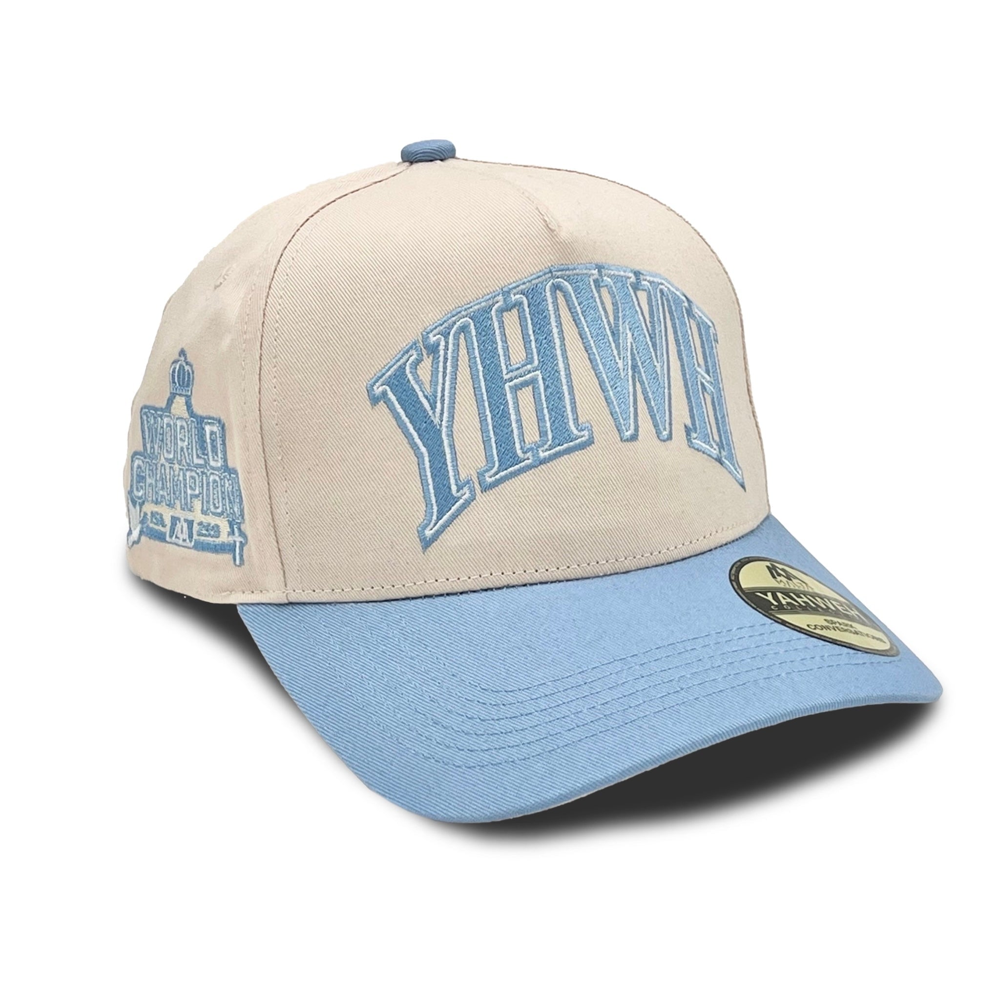 ‘YHWH’ Structured SnapBack - Cream/Baby Blue — Malta Apparel faith streetwear