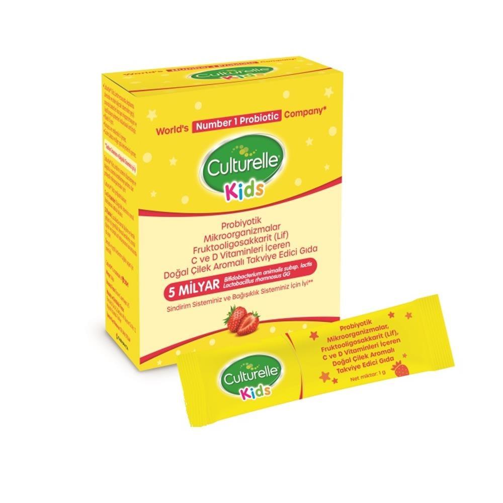 Culturelle Kids Probiotic Supplement - Supports Children's Digestive Health with Probiotics, Fiber, and Vitamins C & D - Natural Strawberry Flavor, 10 Sachets