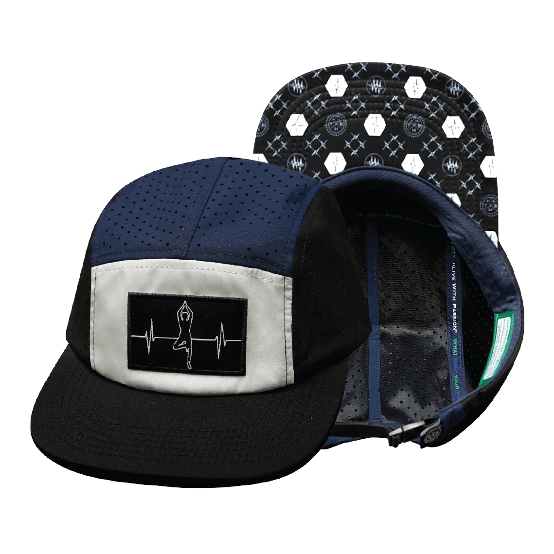 The Heartbeat Brand Yoga Hat - 5 Panel - Ponytail - Black / White / Navy - Laser Mesh — main product shot