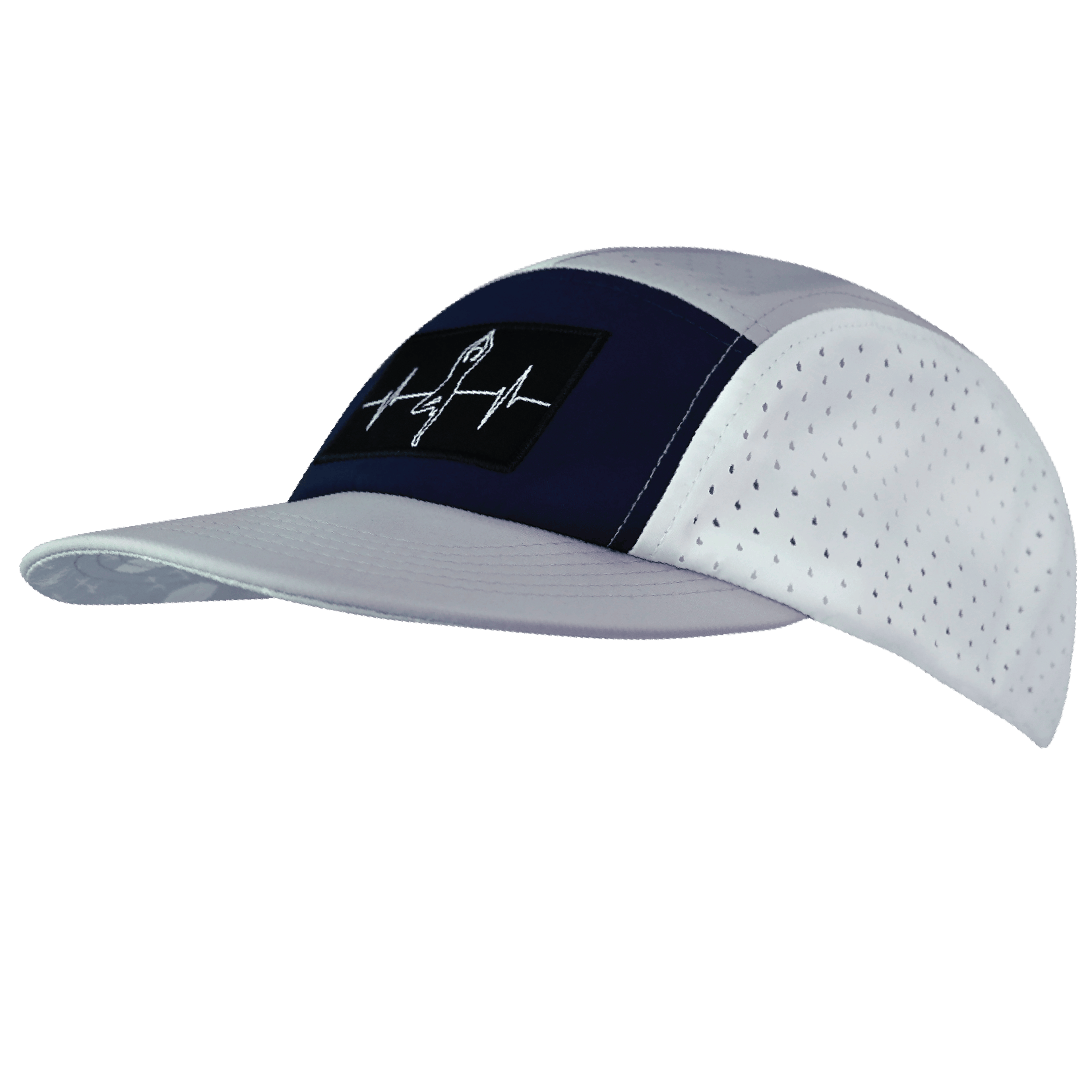 The Heartbeat Brand Yoga Hat - 5 Panel - Ponytail - Gray / Navy / White - Laser Mesh — back view
