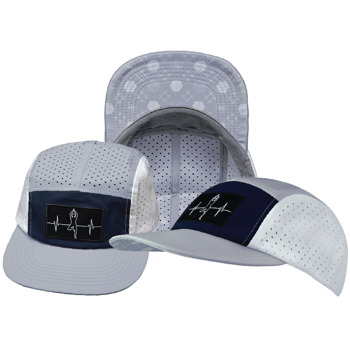 The Heartbeat Brand Yoga Hat - 5 Panel - Ponytail - Gray / Navy / White - Laser Mesh — main product shot