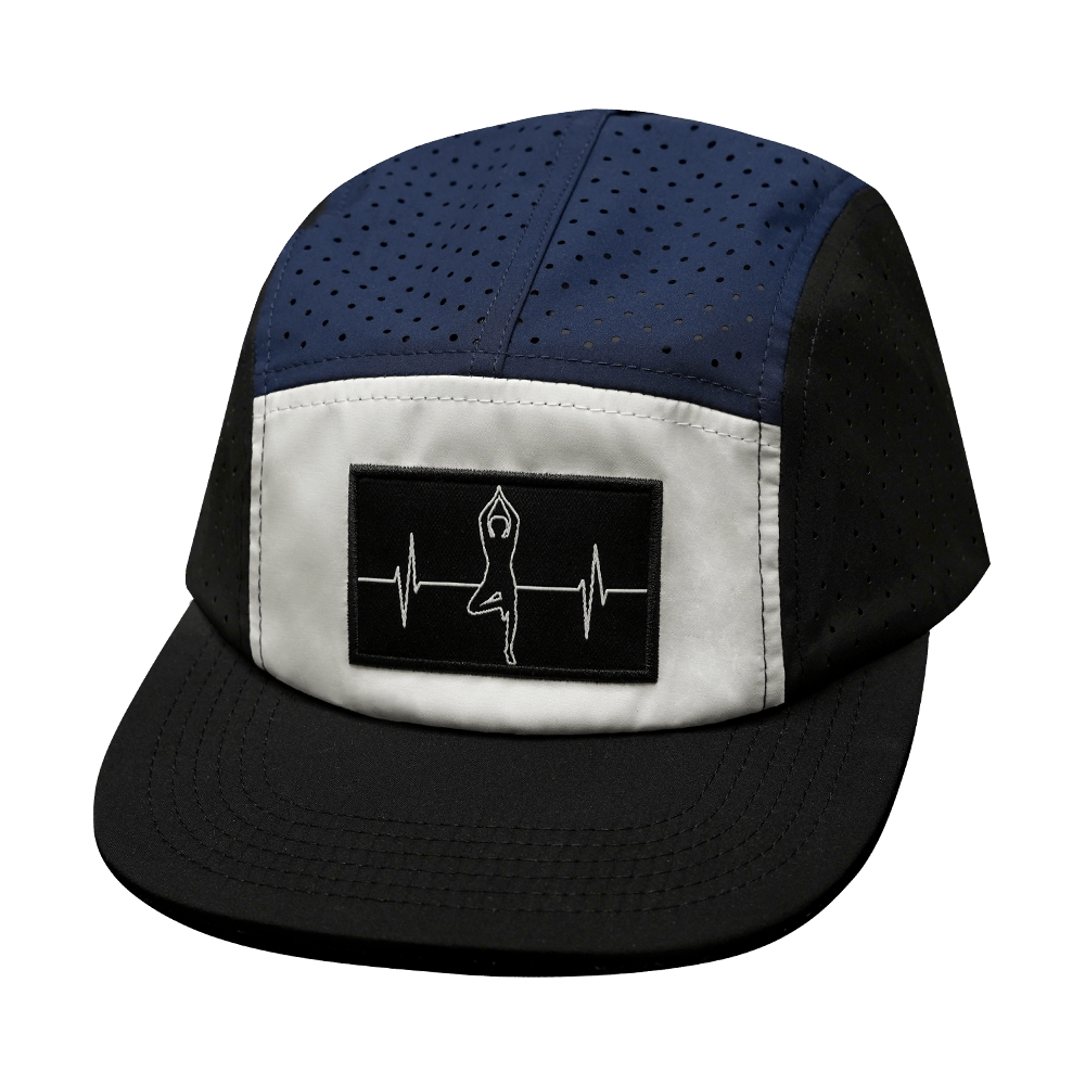 The Heartbeat Brand Yoga Hat - 5 Panel - Ponytail - Black / White / Navy - Laser Mesh — back view
