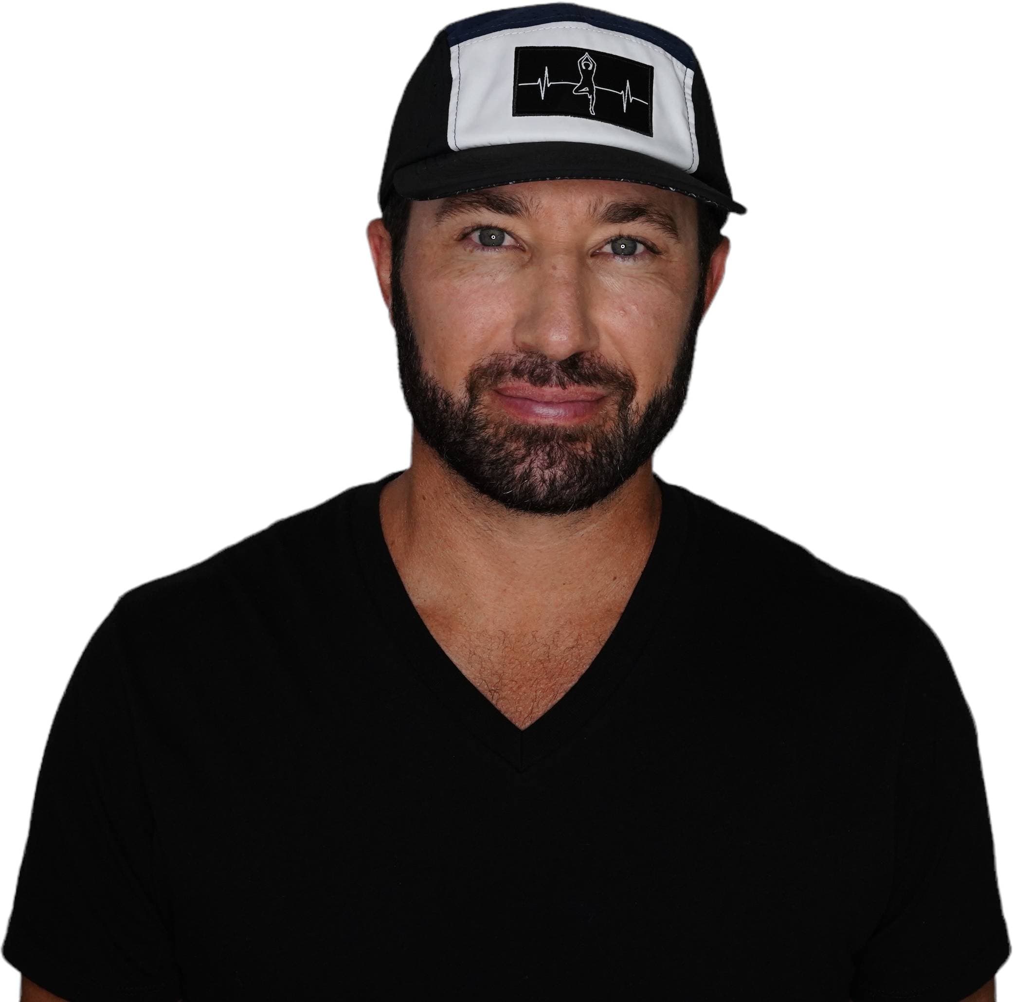 The Heartbeat Brand Yoga Hat - 5 Panel - Ponytail - Black / White / Navy - Laser Mesh — detail close-up