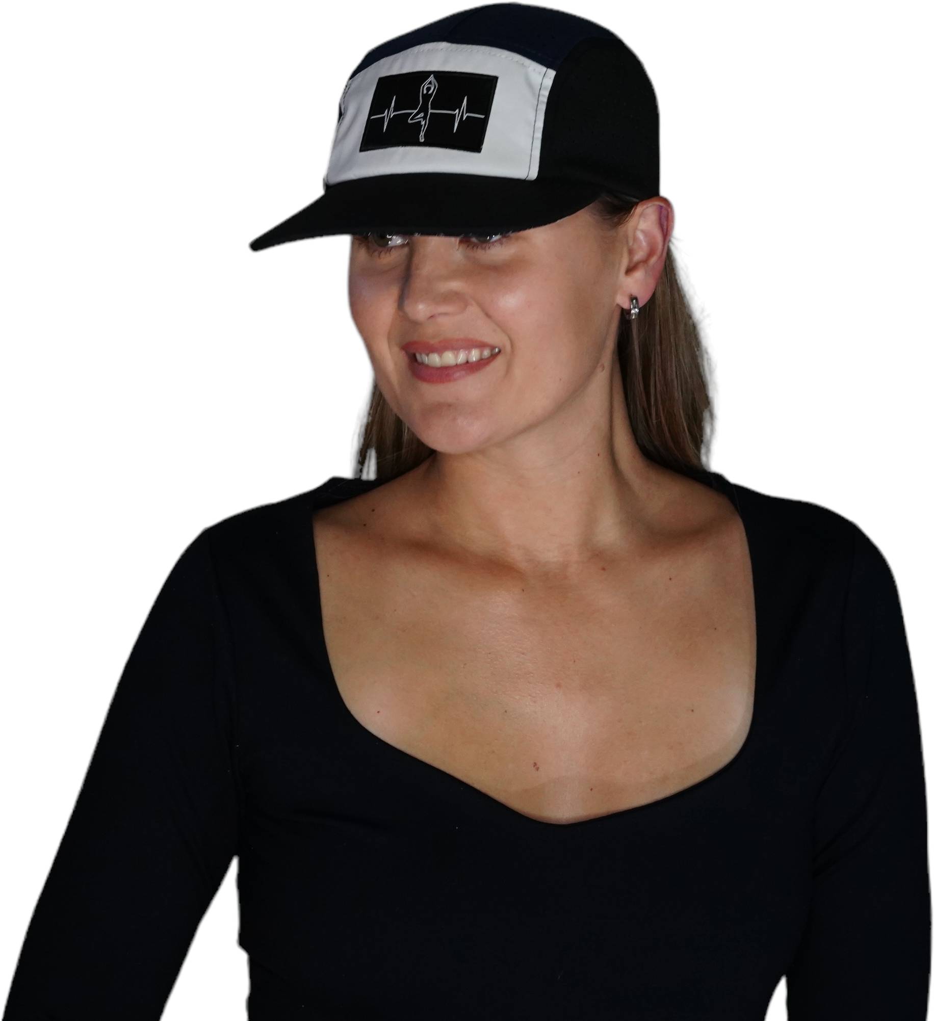 The Heartbeat Brand Yoga Hat - 5 Panel - Ponytail - Black / White / Navy - Laser Mesh — lifestyle context