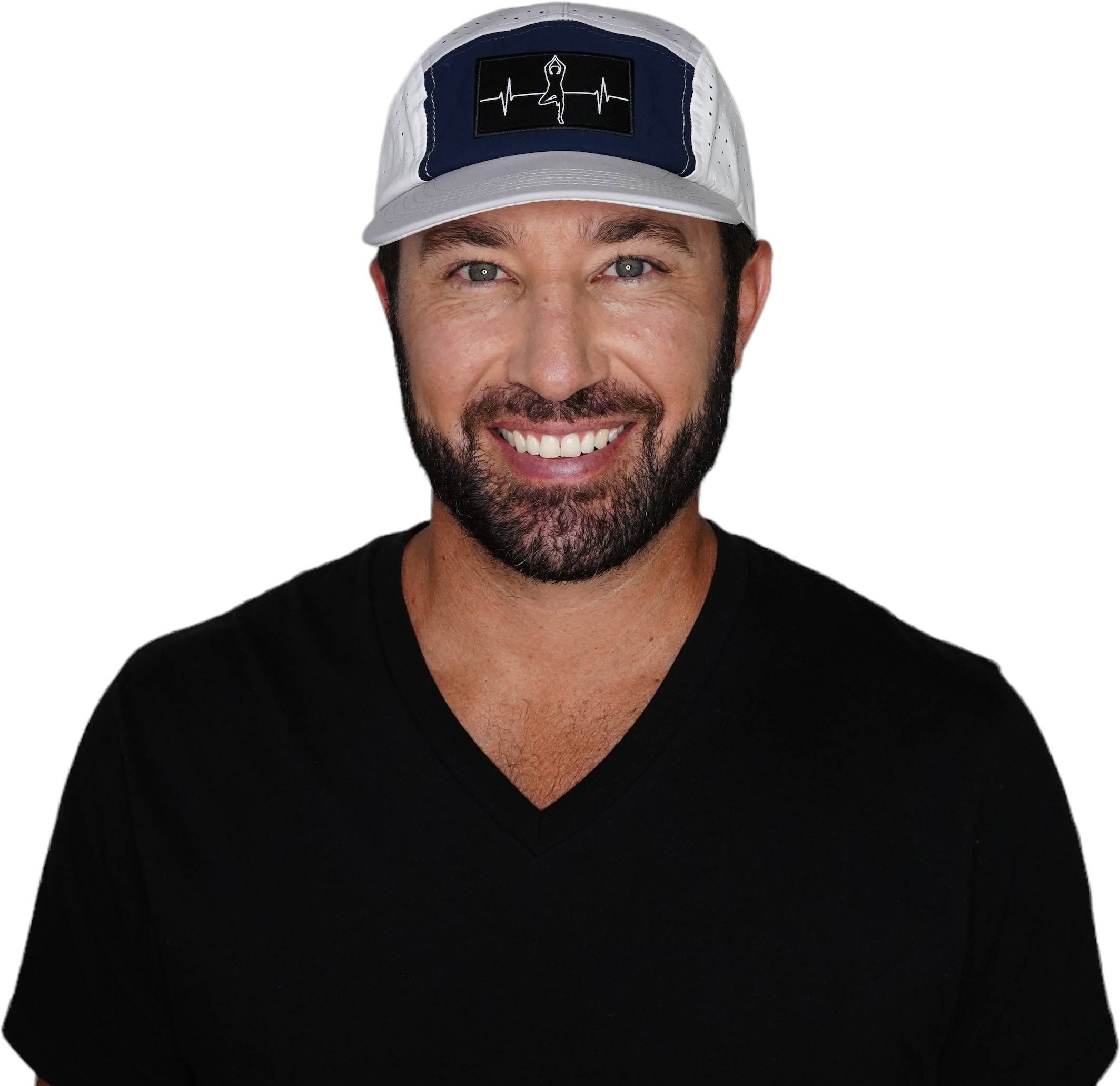 The Heartbeat Brand Yoga Hat - 5 Panel - Ponytail - Gray / Navy / White - Laser Mesh — detail close-up