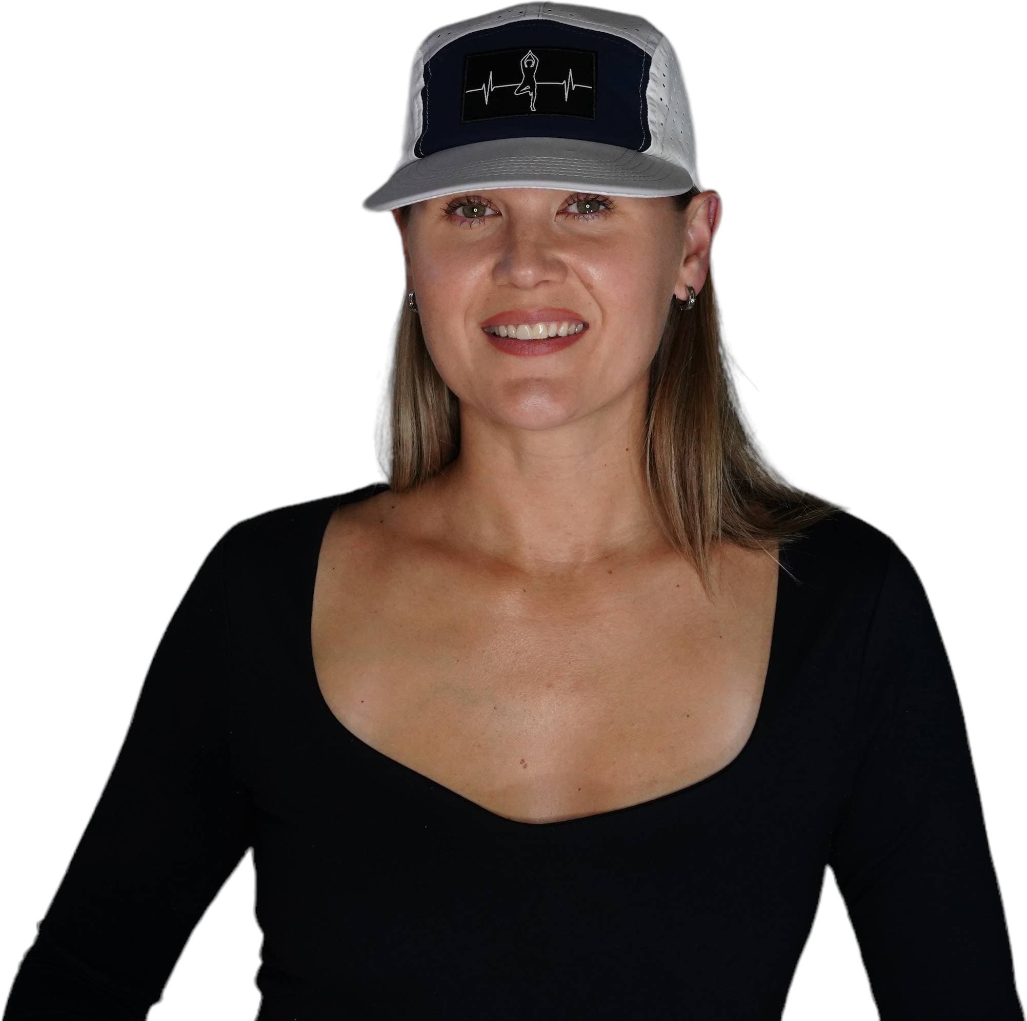 The Heartbeat Brand Yoga Hat - 5 Panel - Ponytail - Gray / Navy / White - Laser Mesh — lifestyle context