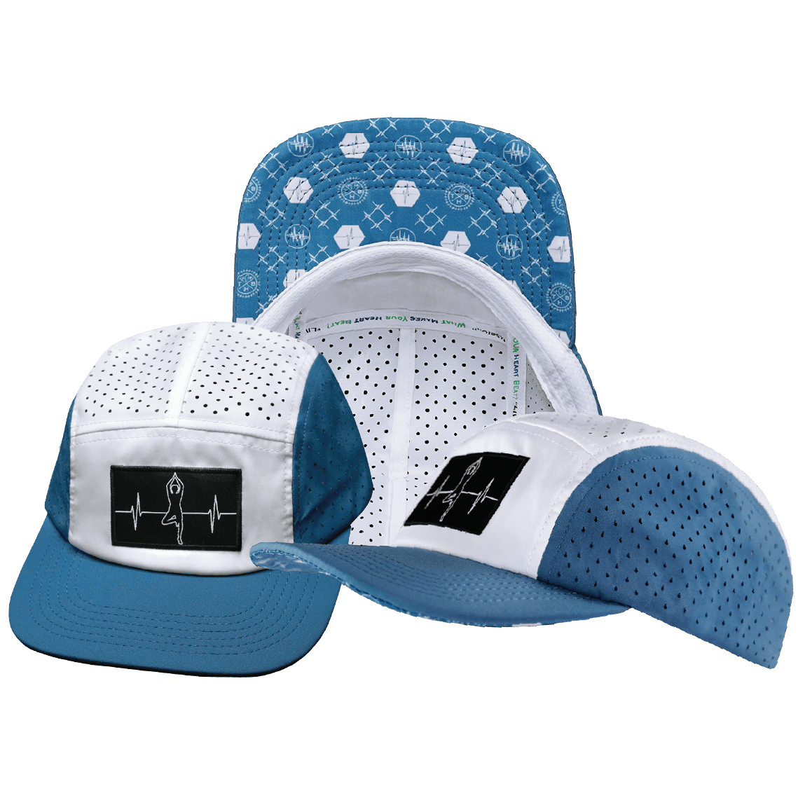 The Heartbeat Brand Yoga Hat - 5 Panel - Ponytail - Light Blue / White - Laser Mesh — main product shot