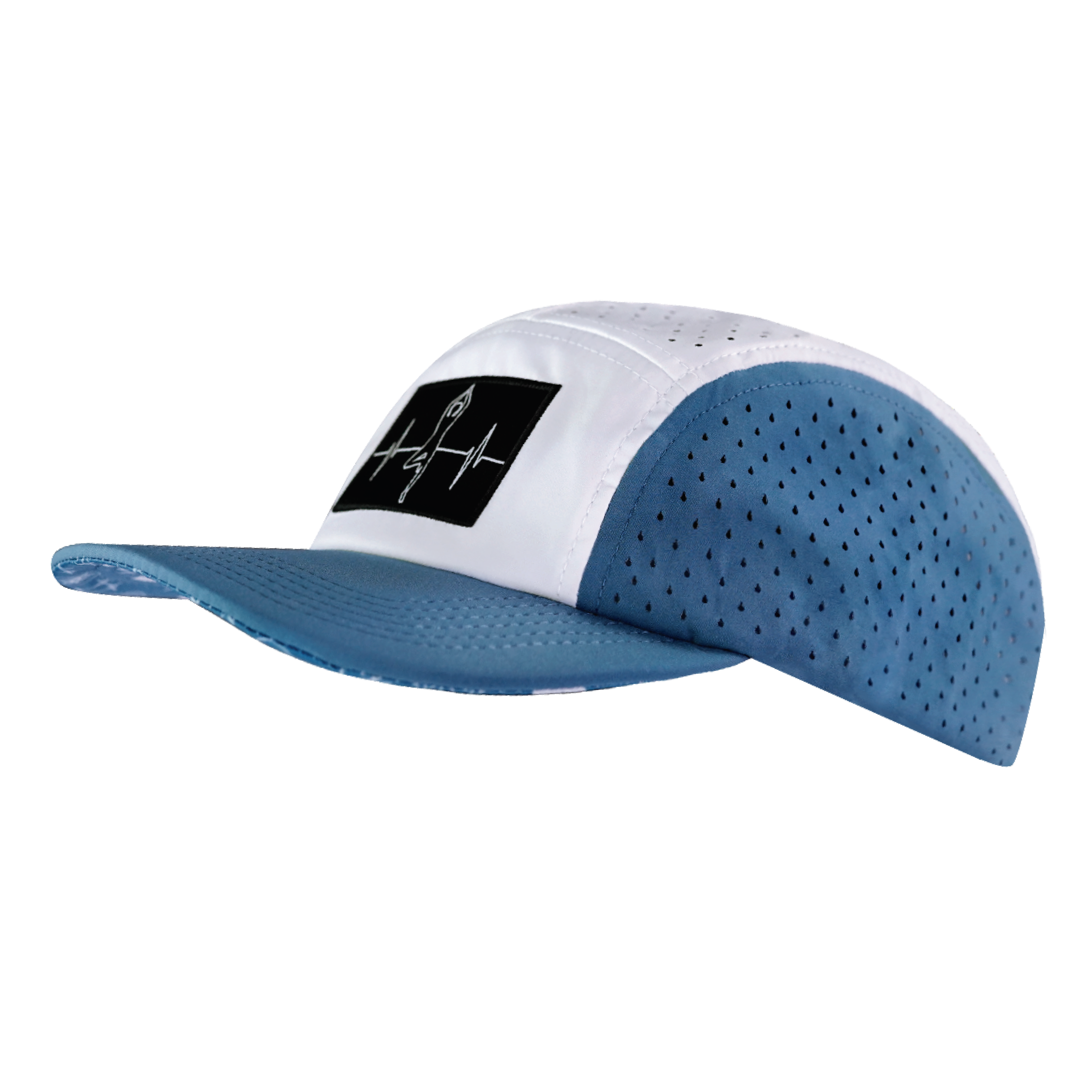 The Heartbeat Brand Yoga Hat - 5 Panel - Ponytail - Light Blue / White - Laser Mesh — back view