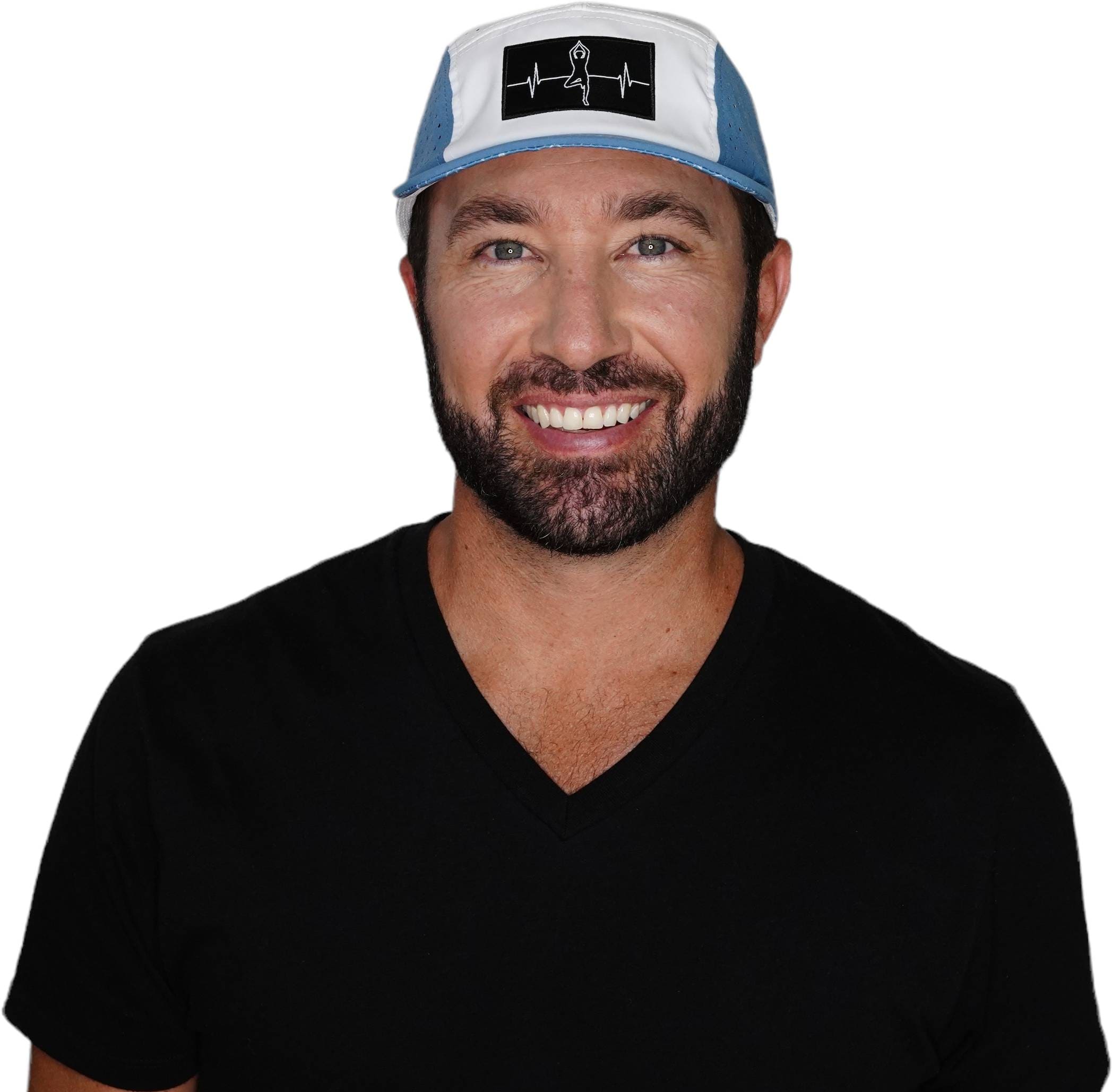 The Heartbeat Brand Yoga Hat - 5 Panel - Ponytail - Light Blue / White - Laser Mesh — detail close-up