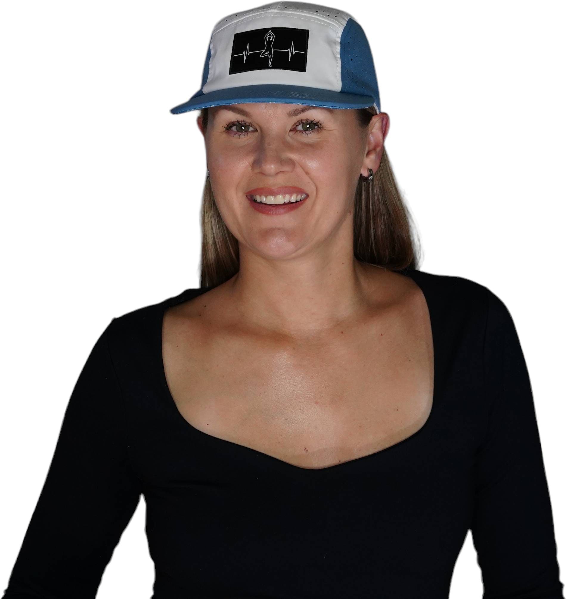 The Heartbeat Brand Yoga Hat - 5 Panel - Ponytail - Light Blue / White - Laser Mesh — lifestyle context