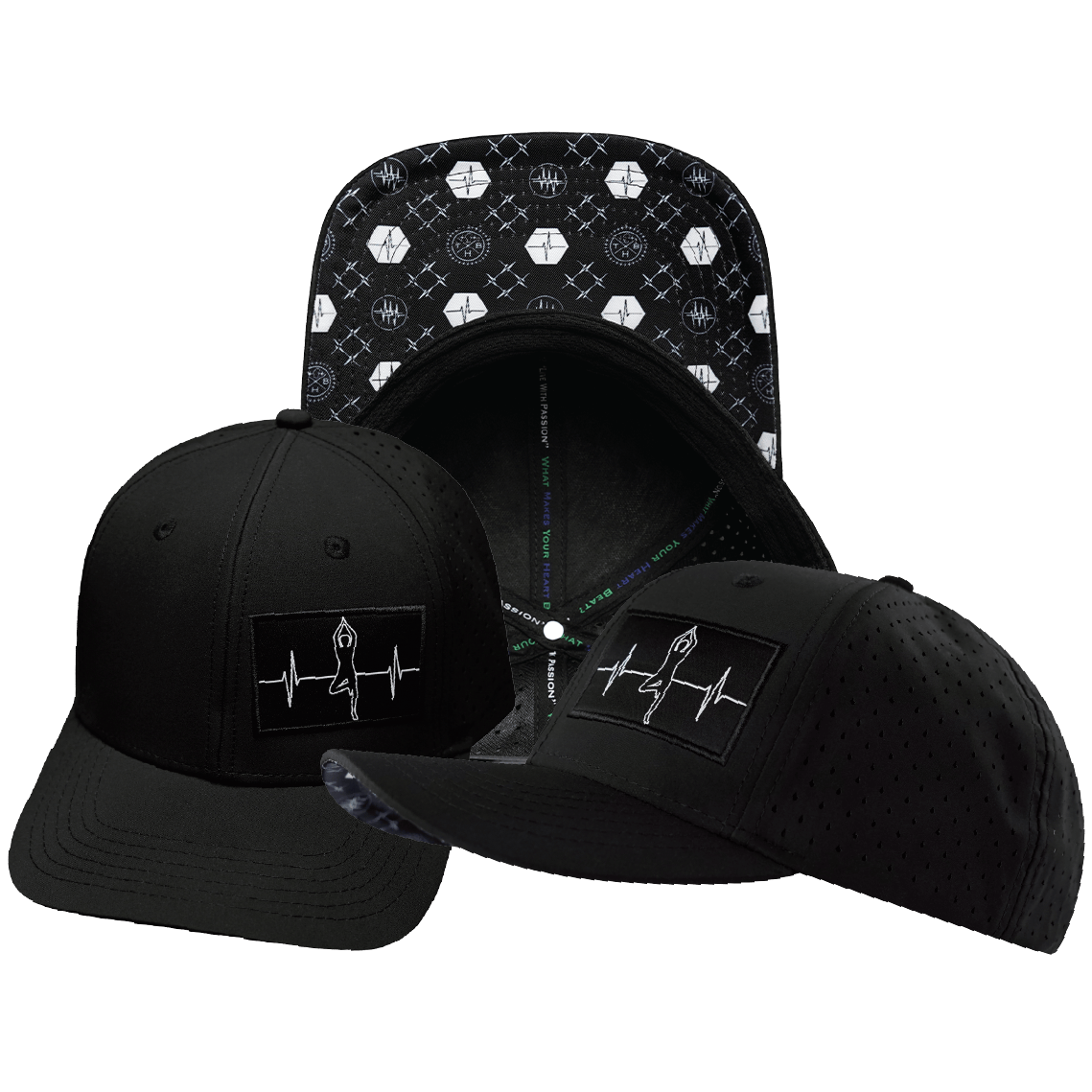 The Heartbeat Brand Yoga Hat - Baseball Hat Fit - Black - Laser Mesh — main product shot