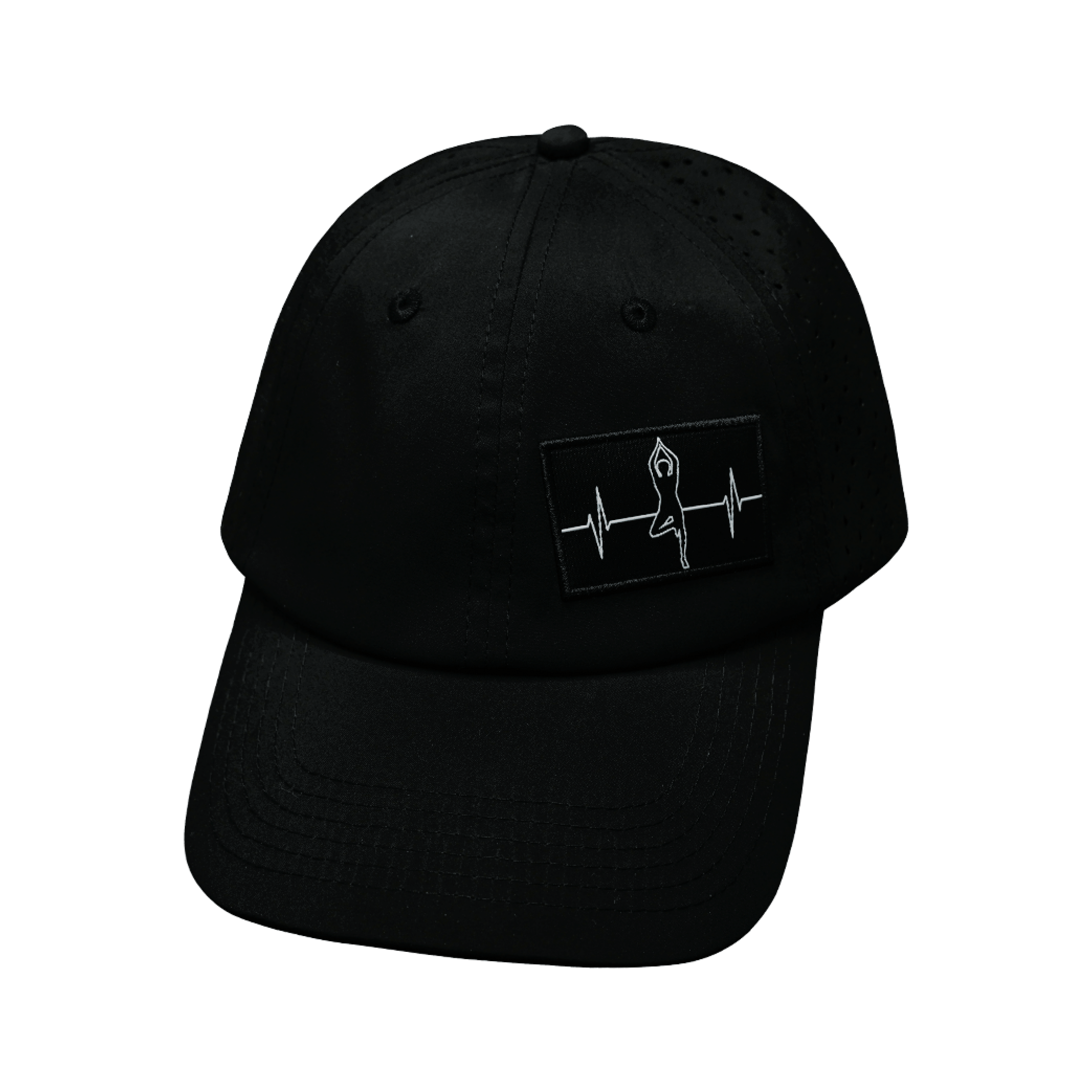 The Heartbeat Brand Yoga Hat - Dad Hat - Ponytail - Black - Laser Mesh — side view