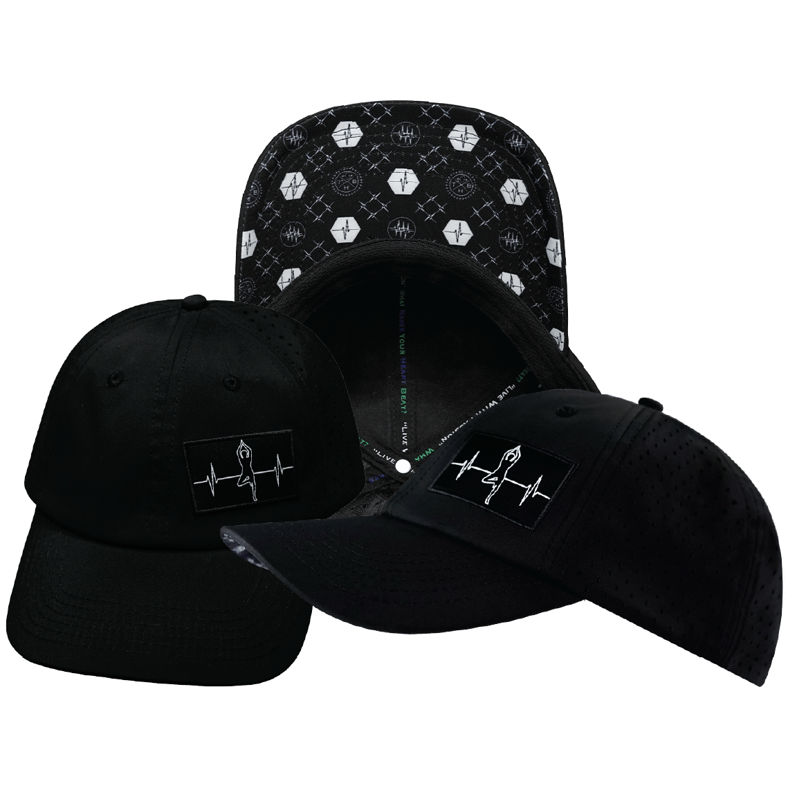 The Heartbeat Brand Yoga Hat - Dad Hat - Ponytail - Black - Laser Mesh — main product shot