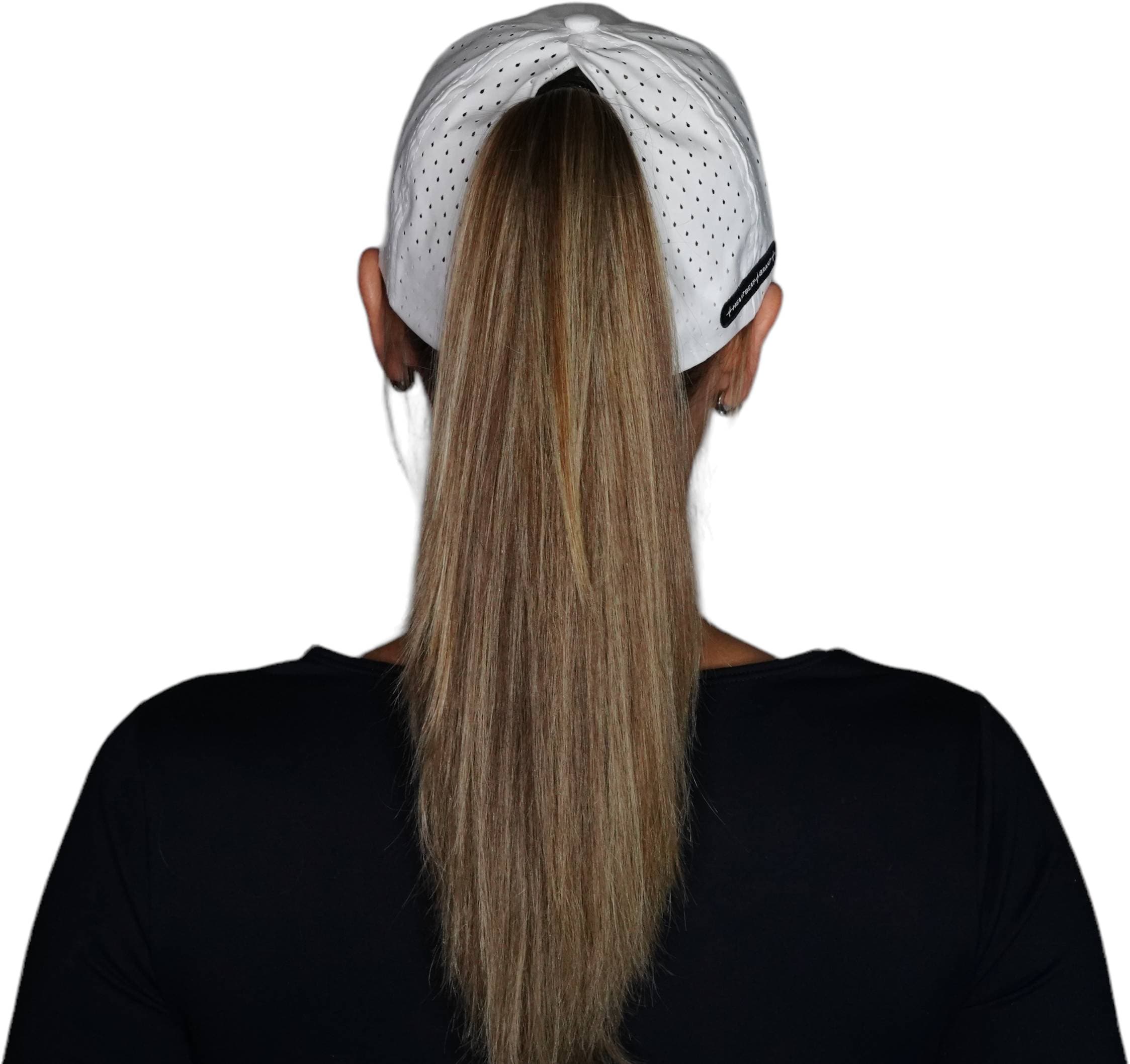 The Heartbeat Brand Yoga Hat - Dad Hat - Ponytail - White - Laser Mesh — side view