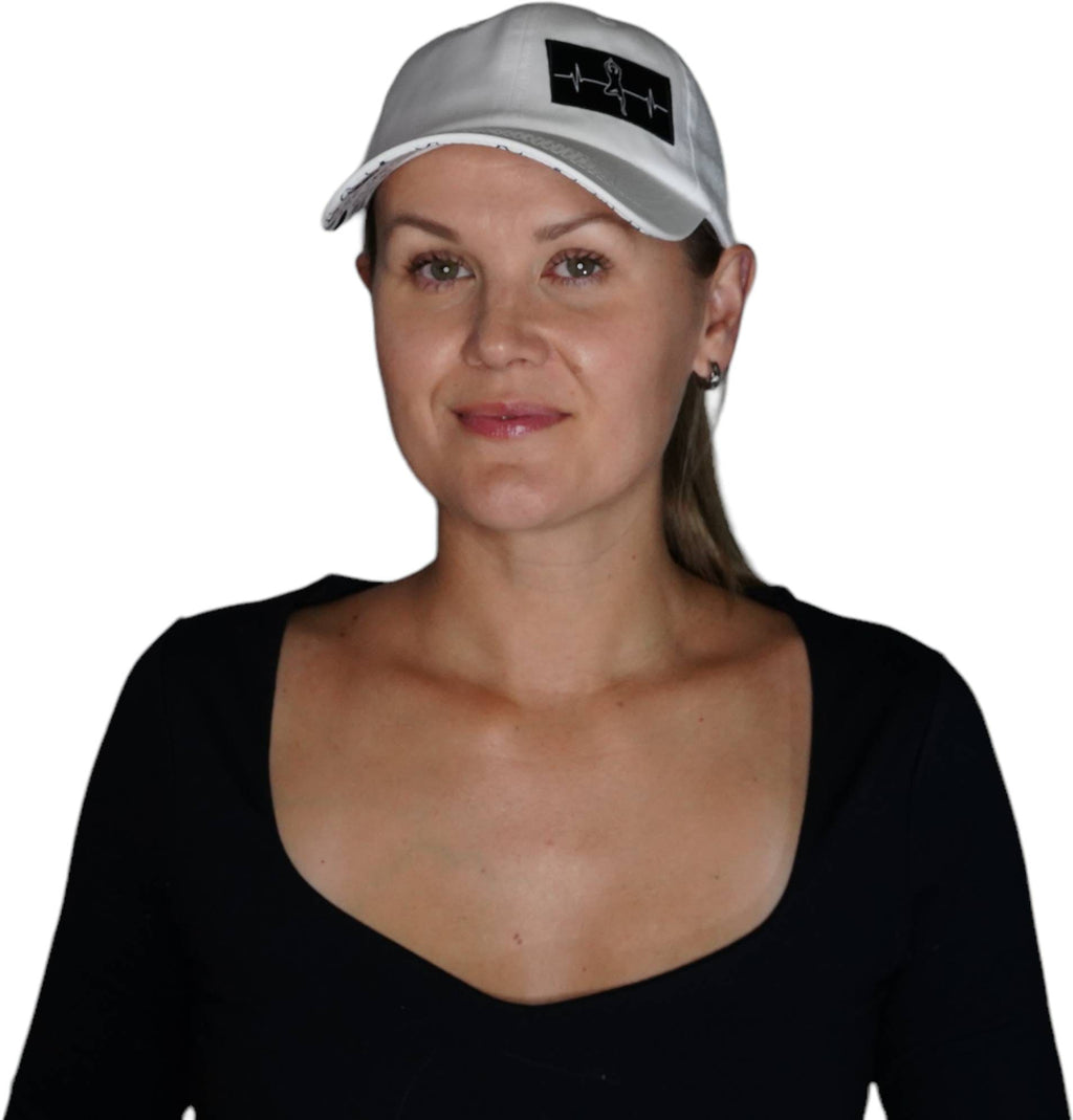 The Heartbeat Brand Yoga Hat - Dad Hat - Ponytail - White - Laser Mesh — detail close-up