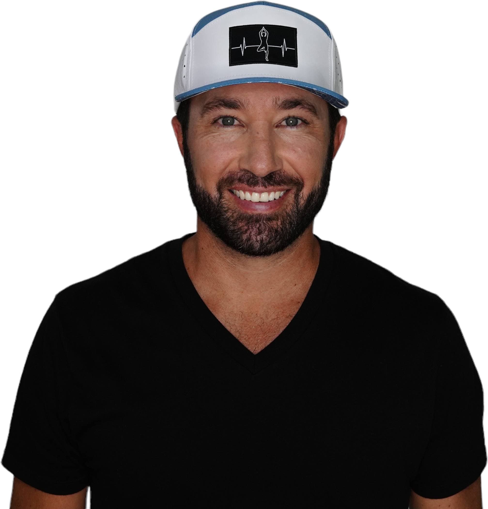 The Heartbeat Brand Yoga Hat - Flat Bill - Light Blue / White - Laser Mesh — detail close-up