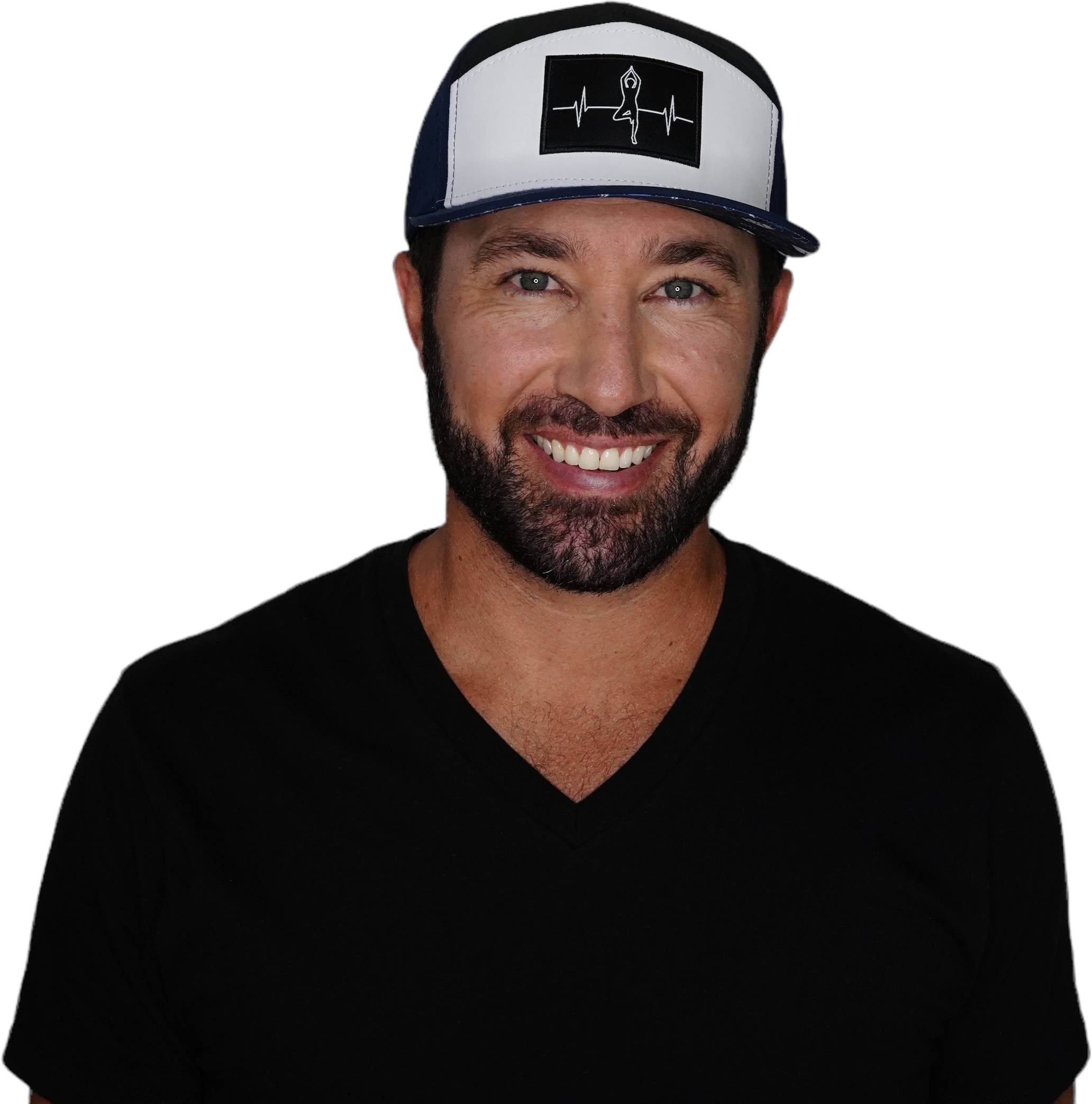 The Heartbeat Brand Yoga Hat - Flat Bill - Navy / White / Gray - Laser Mesh — detail close-up