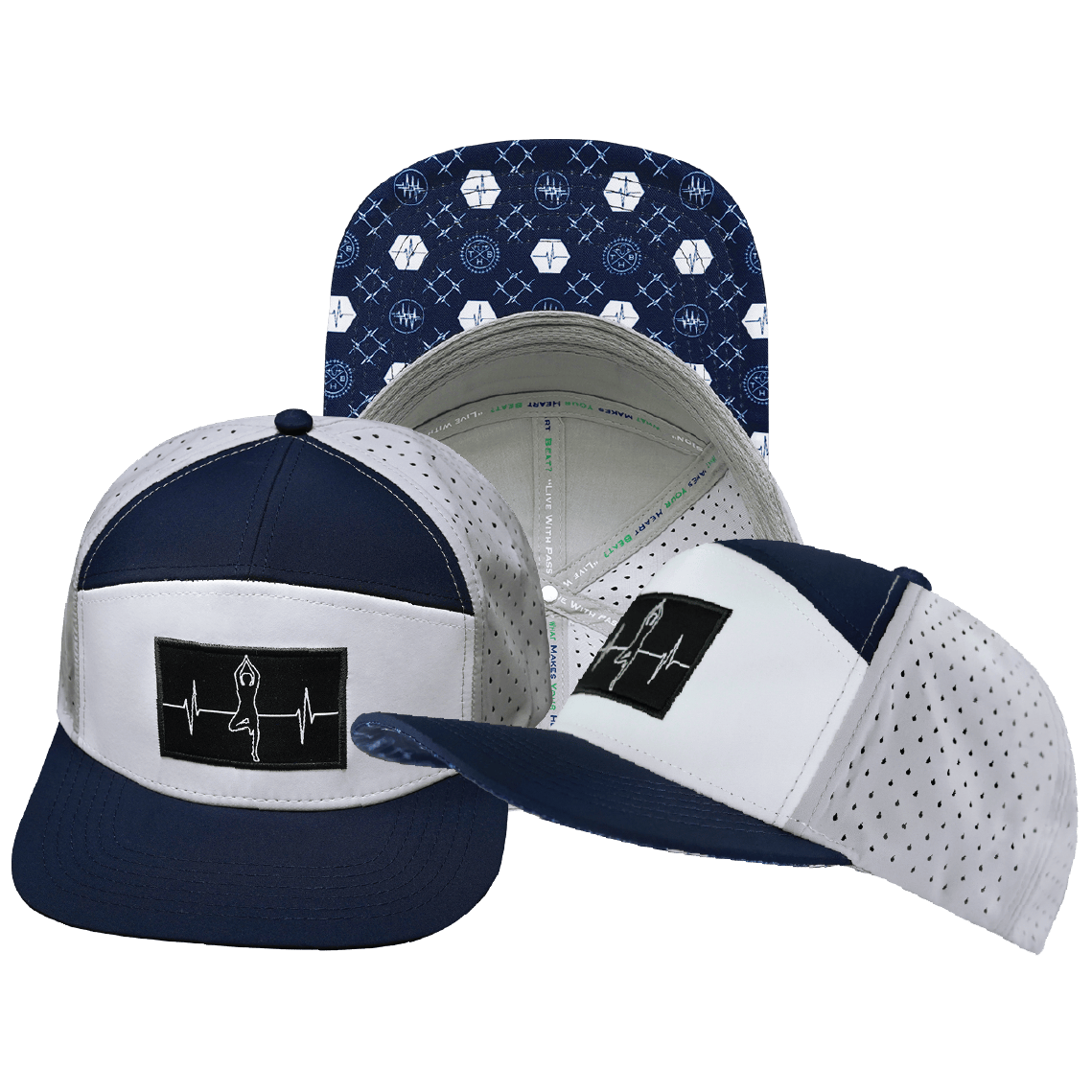 The Heartbeat Brand Yoga Hat - Flat Bill - Navy / White / Gray - Laser Mesh — main product shot