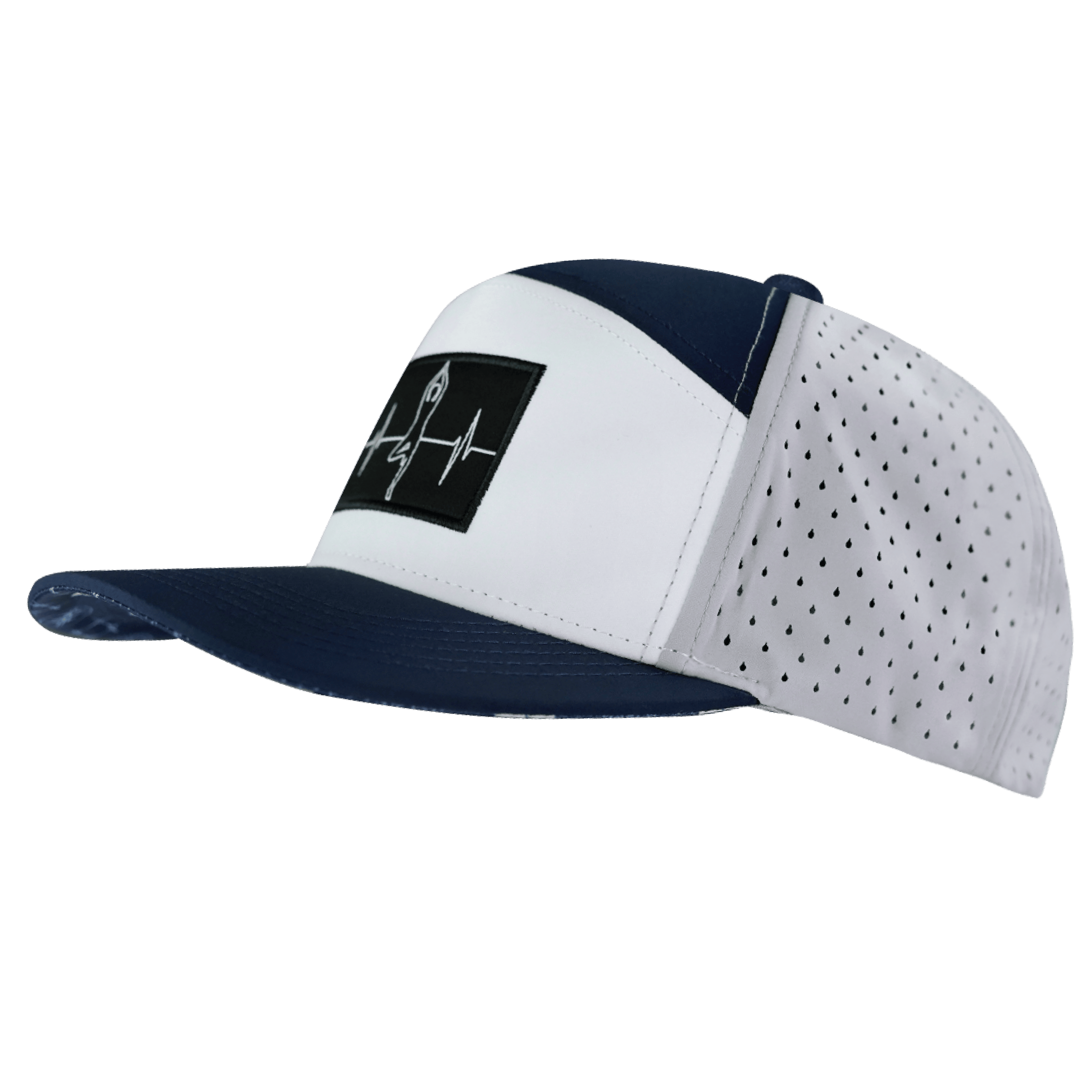 The Heartbeat Brand Yoga Hat - Flat Bill - Navy / White / Gray - Laser Mesh — side view