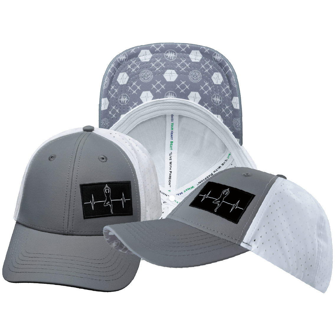 The Heartbeat Brand Yoga Hat - Low Profile - Ponytail - Gray / White - Laser Mesh — main product shot